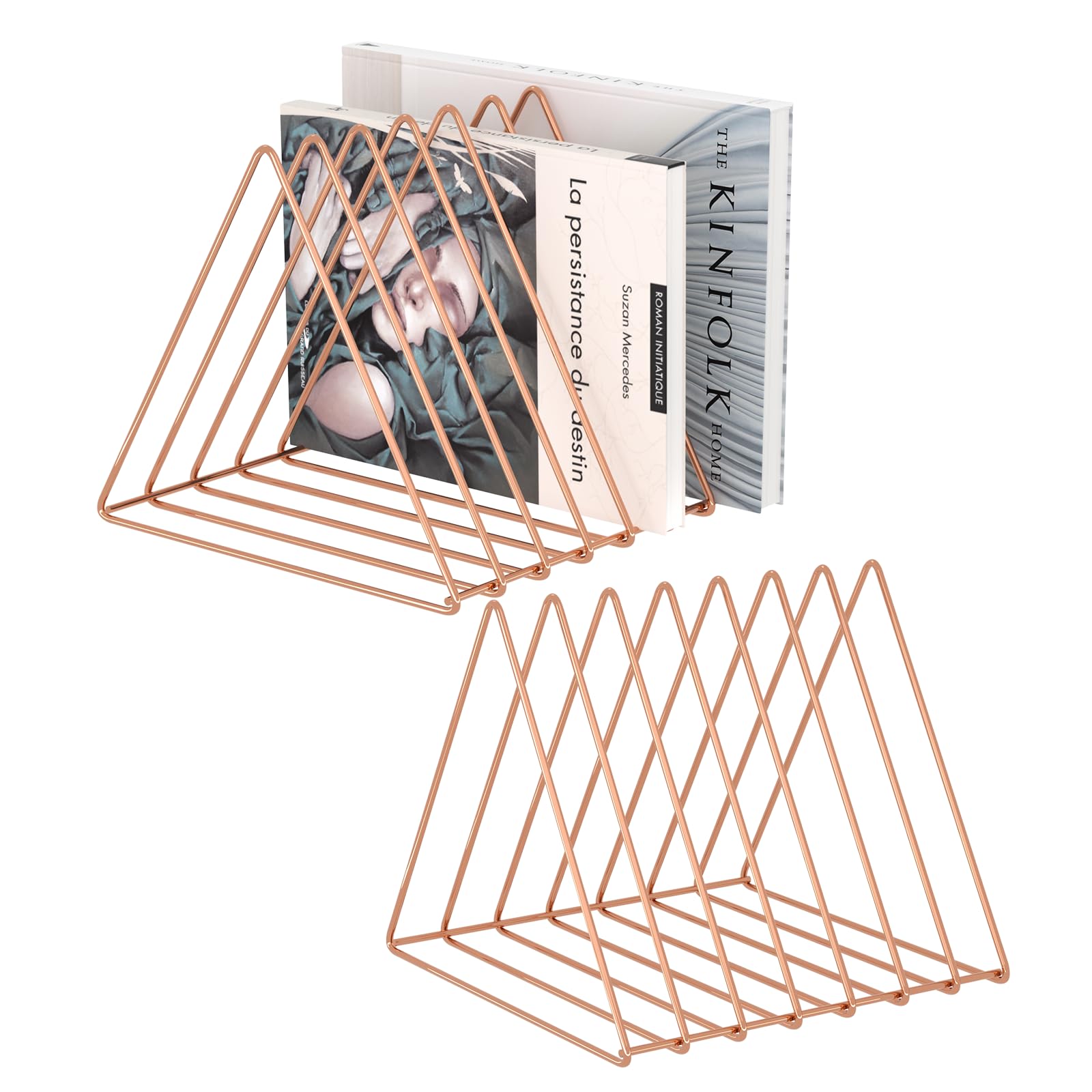 Rose Gold Metal Wire Desk Organizer - 7-Section Triangle Magazine & File Holder for Office, Vinyl Record Storage - Decorative Home & Office Organization (2-Pack) | Perfect for Desk Organization, Magazine Storage & Home Decor