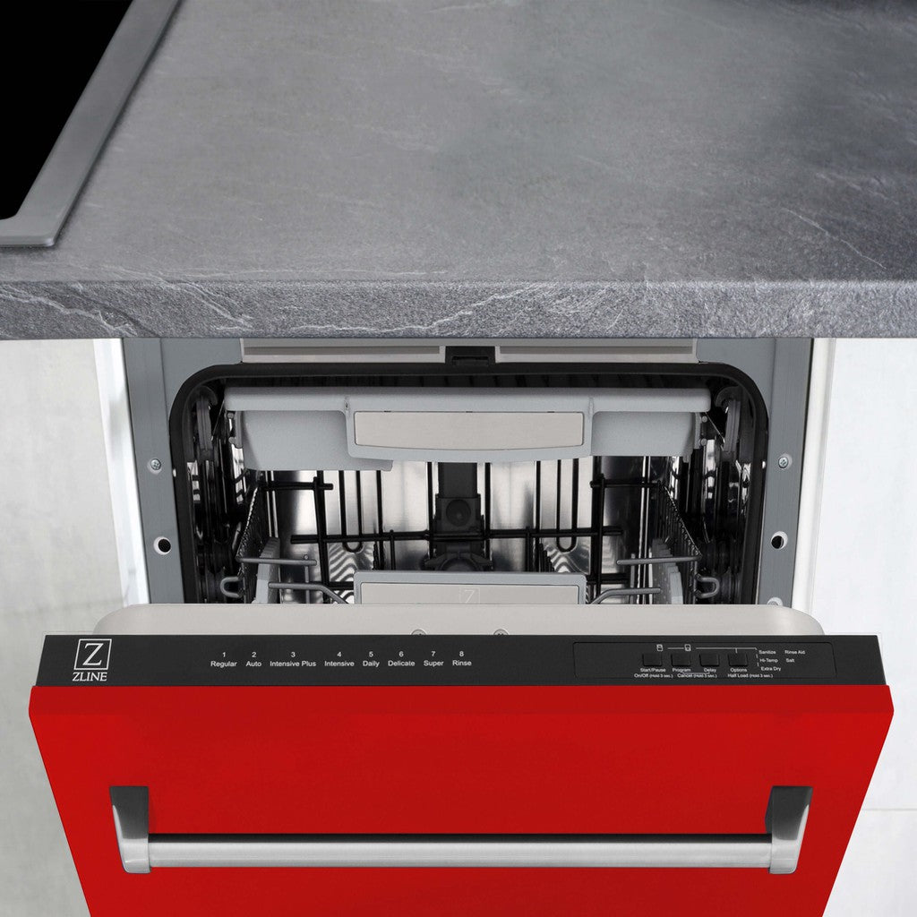 ZLINE 18 Inch Tallac Series 3rd Rack Top Control Built-In Dishwasher - Red Matte Finish with Stainless Steel Tub, 51dBa Ultra Quiet (DWV RM 18) | Perfect for Modern Kitchens, Small Spaces & Energy-Efficient Homes