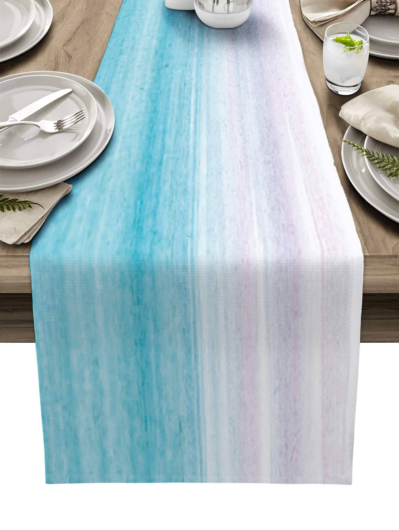 70 Inch Burlap Linen Table Runner - Watercolor Pink Sky Teal Blue Ombre Gradient Farmhouse Decor for Kitchen, Dining Table, Dresser | Perfect for Coffee Tables, Party Banquets & Morning Tea Settings