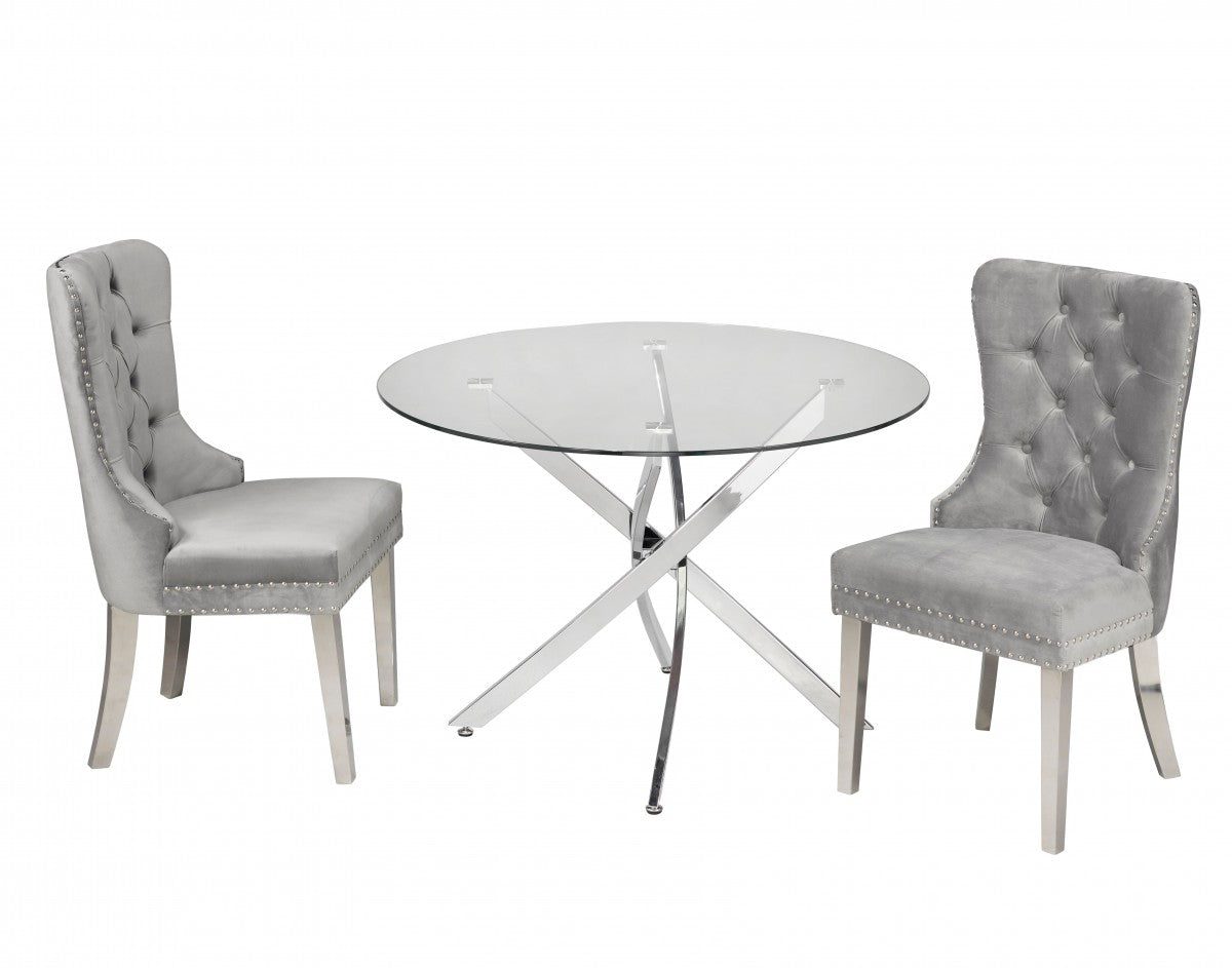Modern 3-Piece Dinette Set with Tempered Glass Top Table & Grey Velvet Chairs - Chrome Metal Legs - Perfect for Small Spaces, Breakfast Nook, Kitchen or Apartment Dining