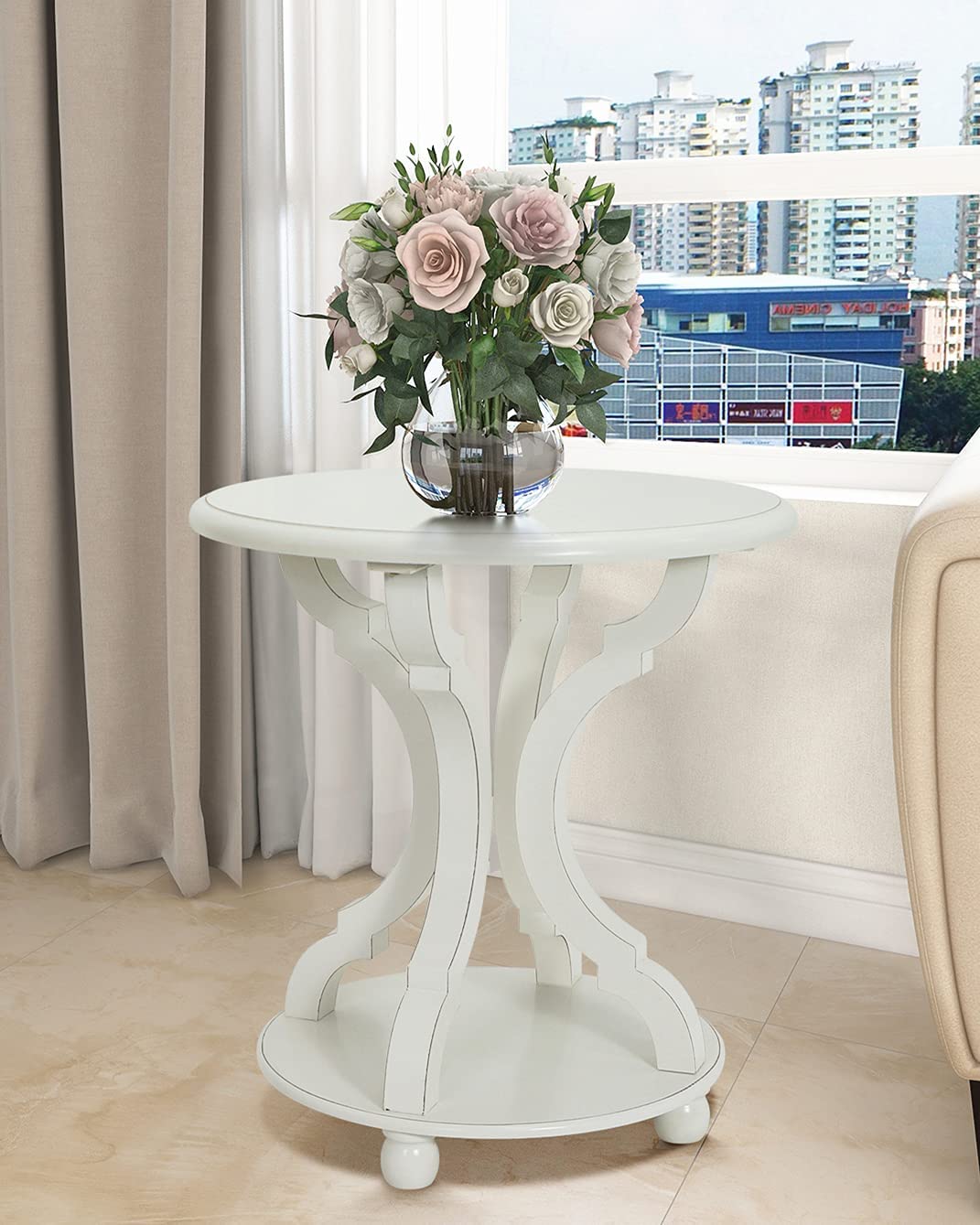 FINECASA 22x24 Inch Small Round End Table with Shelf - Distressed Cream White Accent Table with Carved Legs for Bedroom, Living Room, Dorm | Perfect as Nightstand, Side Table or Coffee Table