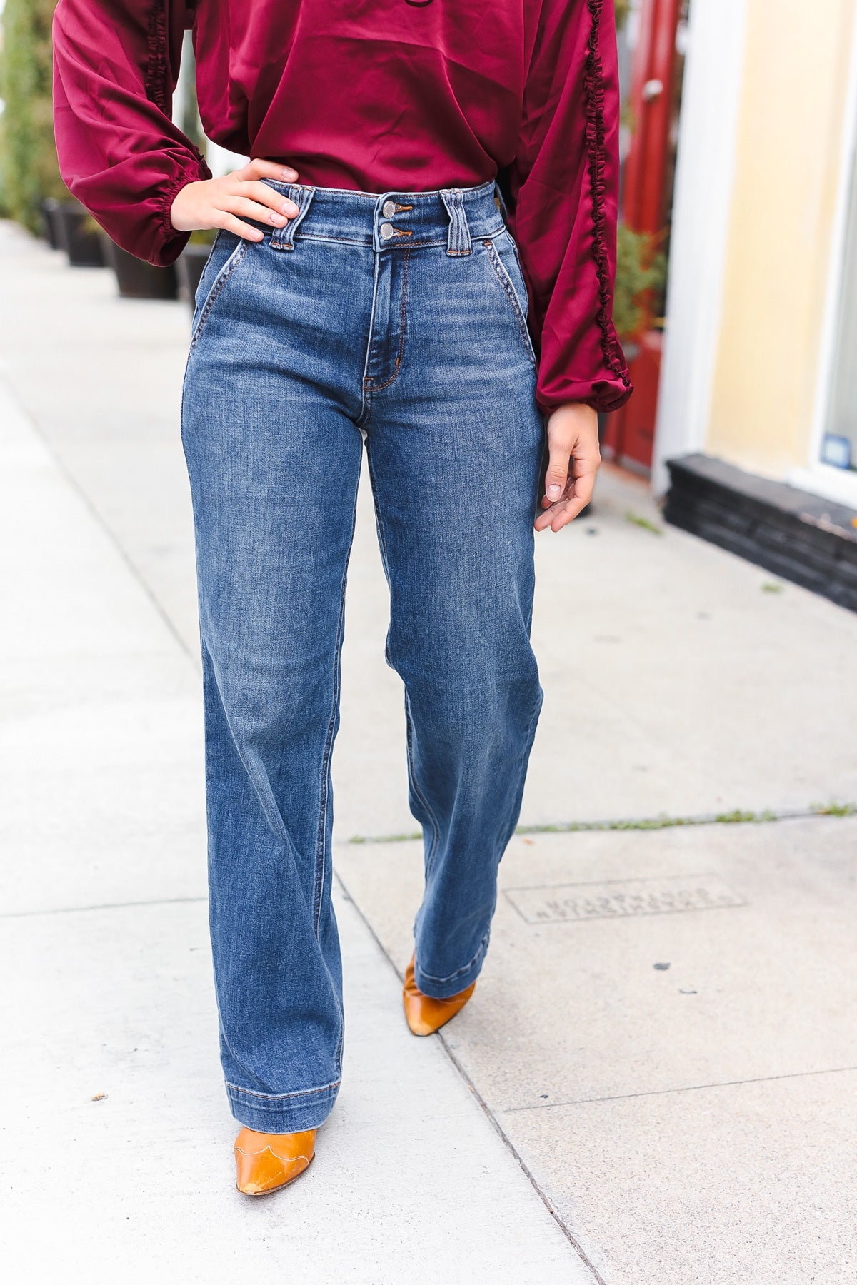 Judy Blue High Rise Double Button Crisscross Detail Wide Leg Jeans for Women - Comfortable Stretch Denim Pants for Casual Wear & Everyday Outfits