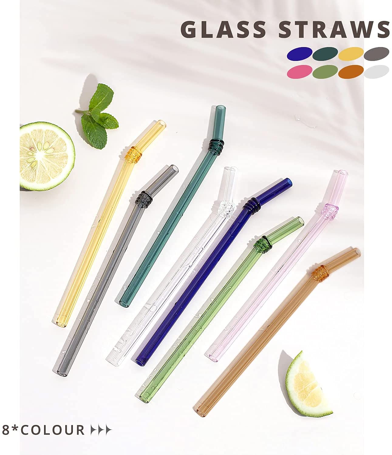 8 Pack Colorful Glass Straws - 8