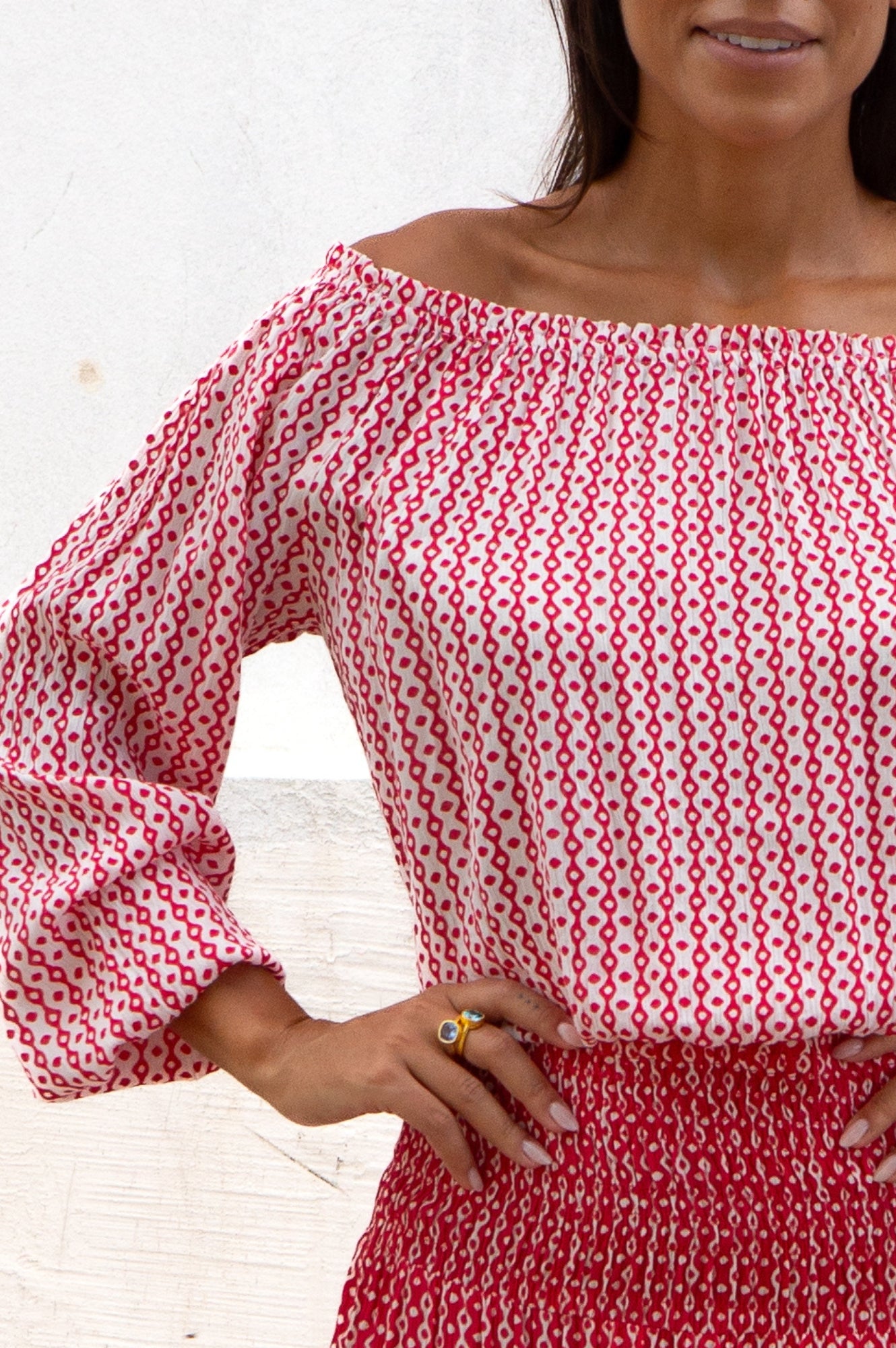 Ilana Long Sleeve Frill Blouse for Women - Elegant Santorini White & Red Floral Print Top | Perfect for Date Night, Office Wear & Spring Fashion