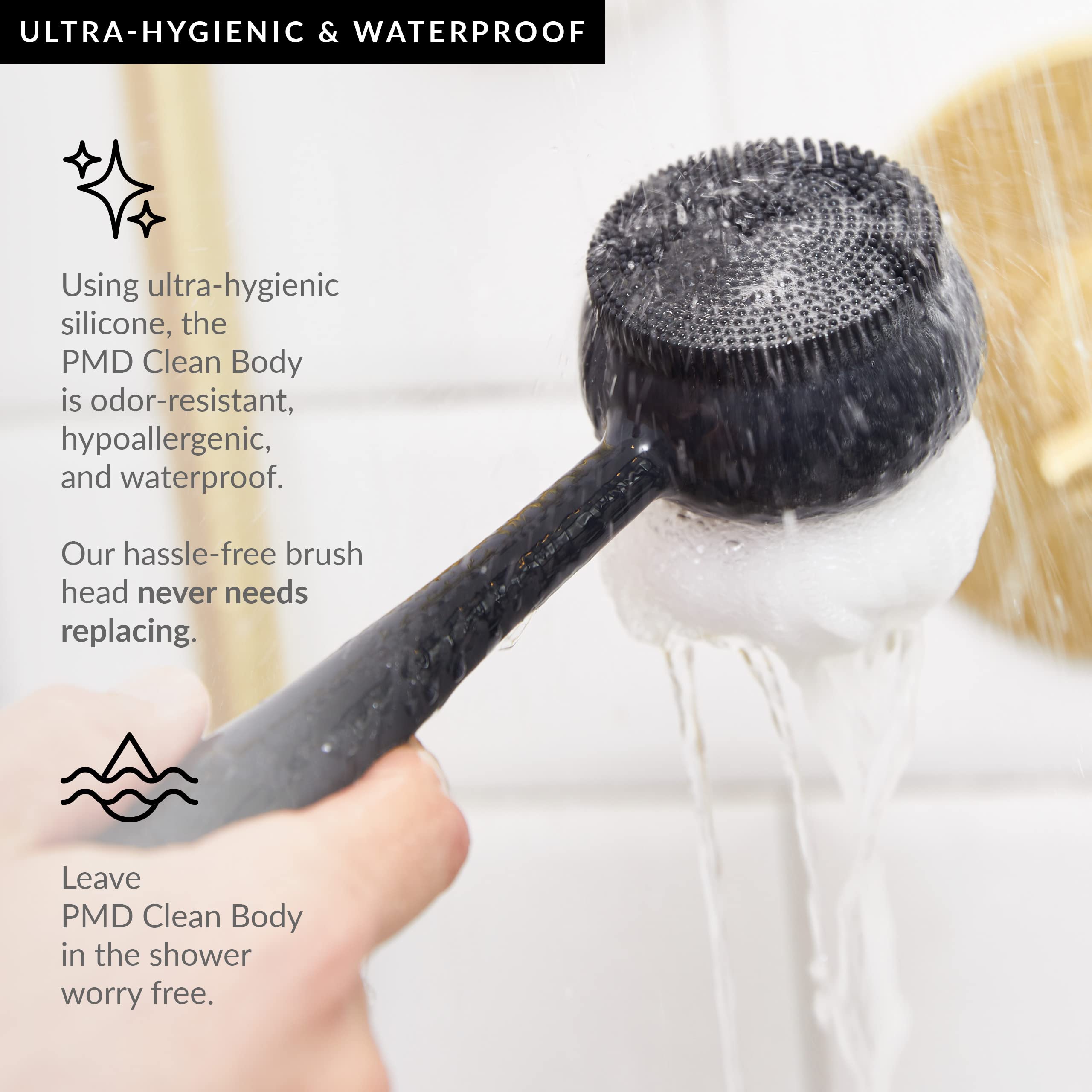 PMD Clean Body - Smart Body Cleansing Device with Silicone Brush & 3 Interchangeable Attachments - Waterproof - SonicGlow Vibration Technology - Deep Cleanse, Exfoliate & Massage - Perfect for Shower, Spa & Skincare Routine