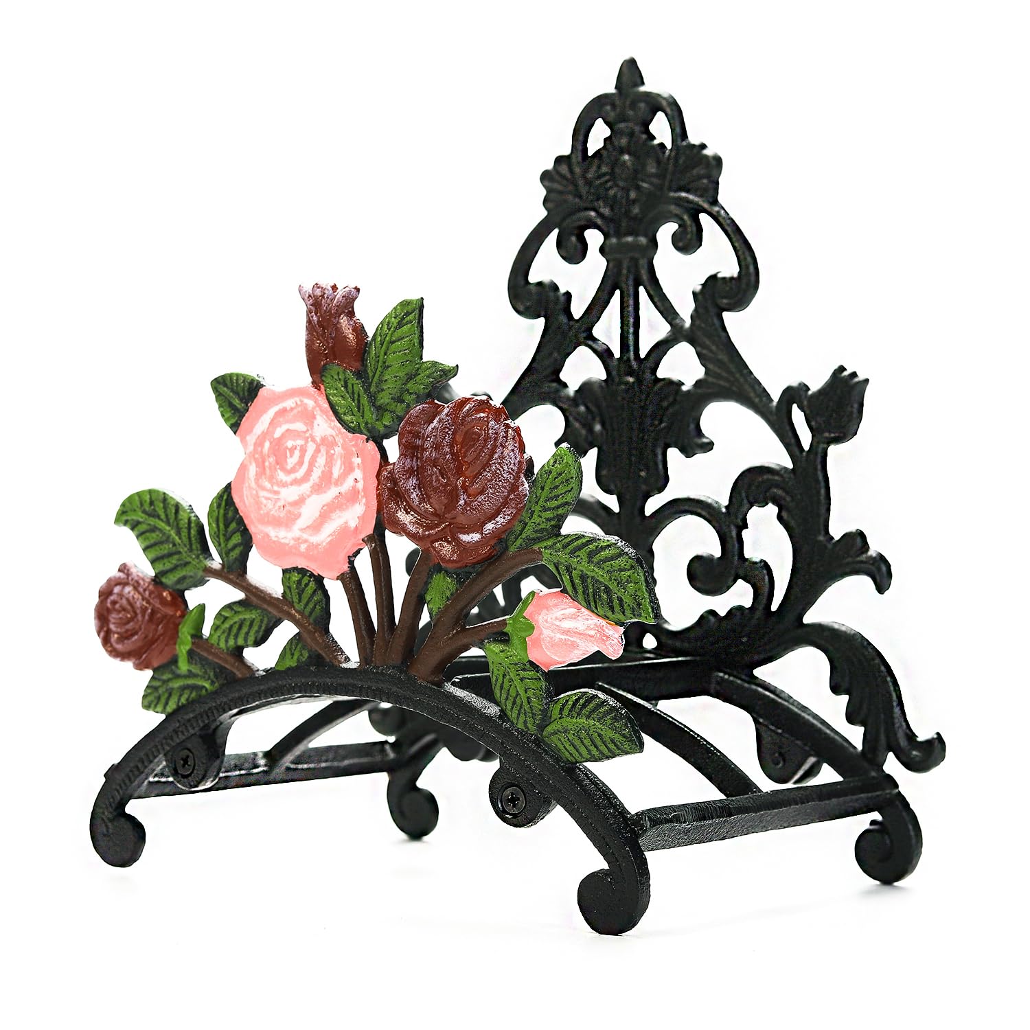 Heavy Duty Cast Iron Garden Hose Holder - Decorative Hand-Painted Peony Wall Mounted Hose Hanger - Outdoor Water Hose Storage Rack - Metal Hose Stand for Yard, Garden, and Patio Organization