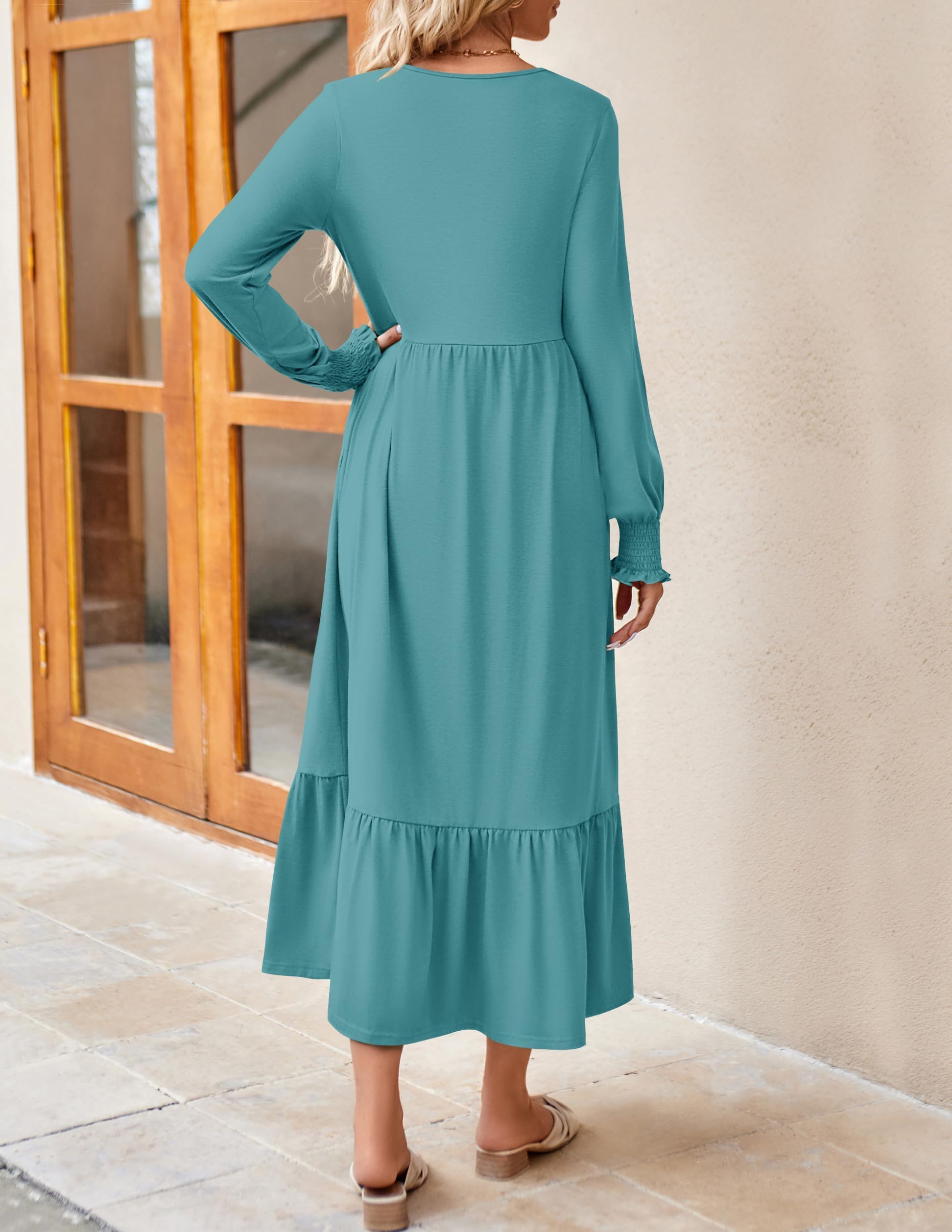 ZESICA Women's Spring Long Sleeve Dress 2025 - Crewneck Casual Loose Pleated Tiered Swing Midi Dress with Pockets | Perfect for Office, Date Night & Spring Outfits