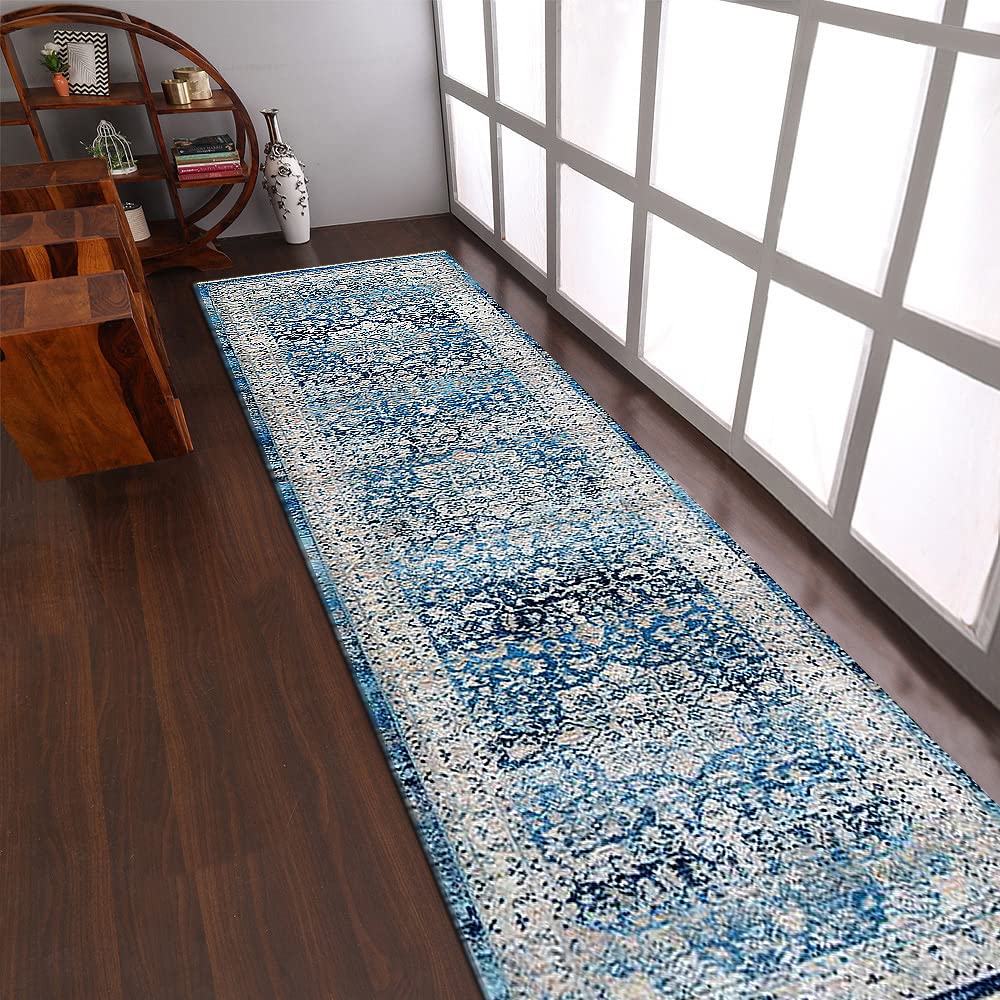 Machine Made Polyester Area Rugs 2'6''x9'10'' Runner - Blue Oriental Traditional Design Low Pile Carpet for Living Room, Bedroom, Hallway | Durable & Easy to Clean | Perfect for Home Decor, Entryway Runner, and Cozy Spaces (M00082)