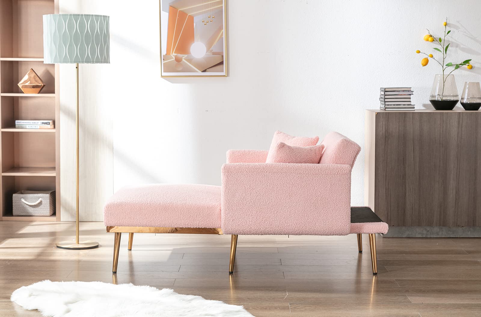 Teddy Fabric Chaise Lounge Chair - 3 Adjustable Angles, Converts to Bed with 2 Pillows, Tufted Sleeper Chair for Bedroom & Living Room (Pink) | Perfect for Relaxing, Reading & Napping