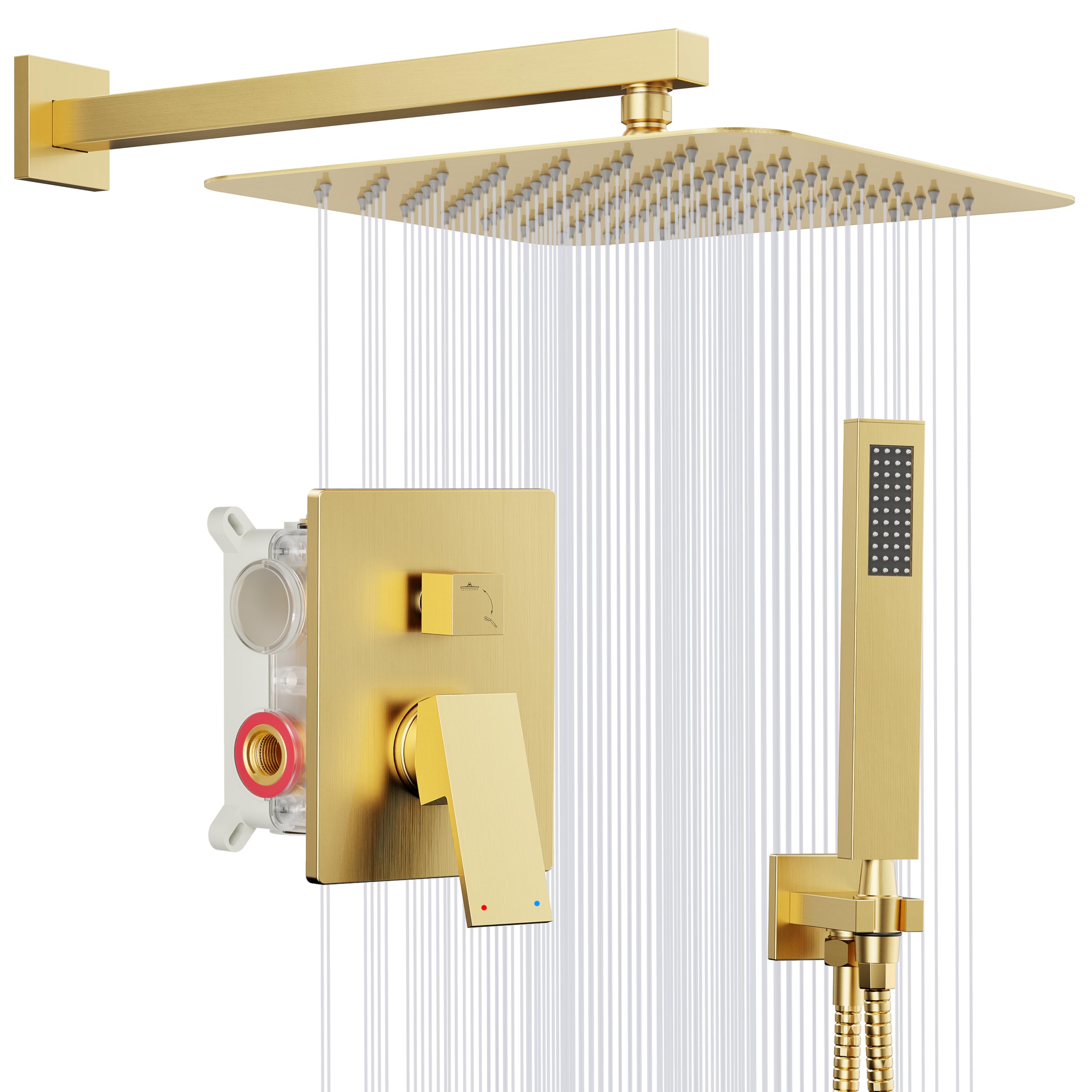 Brushed Gold Shower System - 10 Inch Square Rainfall Shower Head with Handheld Spray Combo, Wall Mounted Bathroom Faucet Set Includes Valve, 59