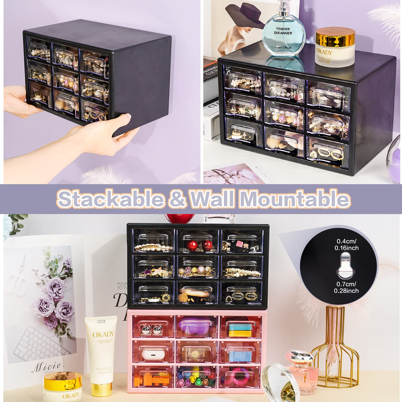 FODIENS 9-Drawer Stackable Desk Organizer - Clear Plastic Storage Box for Makeup, Jewelry, Office & Craft Supplies (9.84×6.3×5.9 Inches, Black) | Perfect for Home Office, Vanity Table & Craft Room Organization