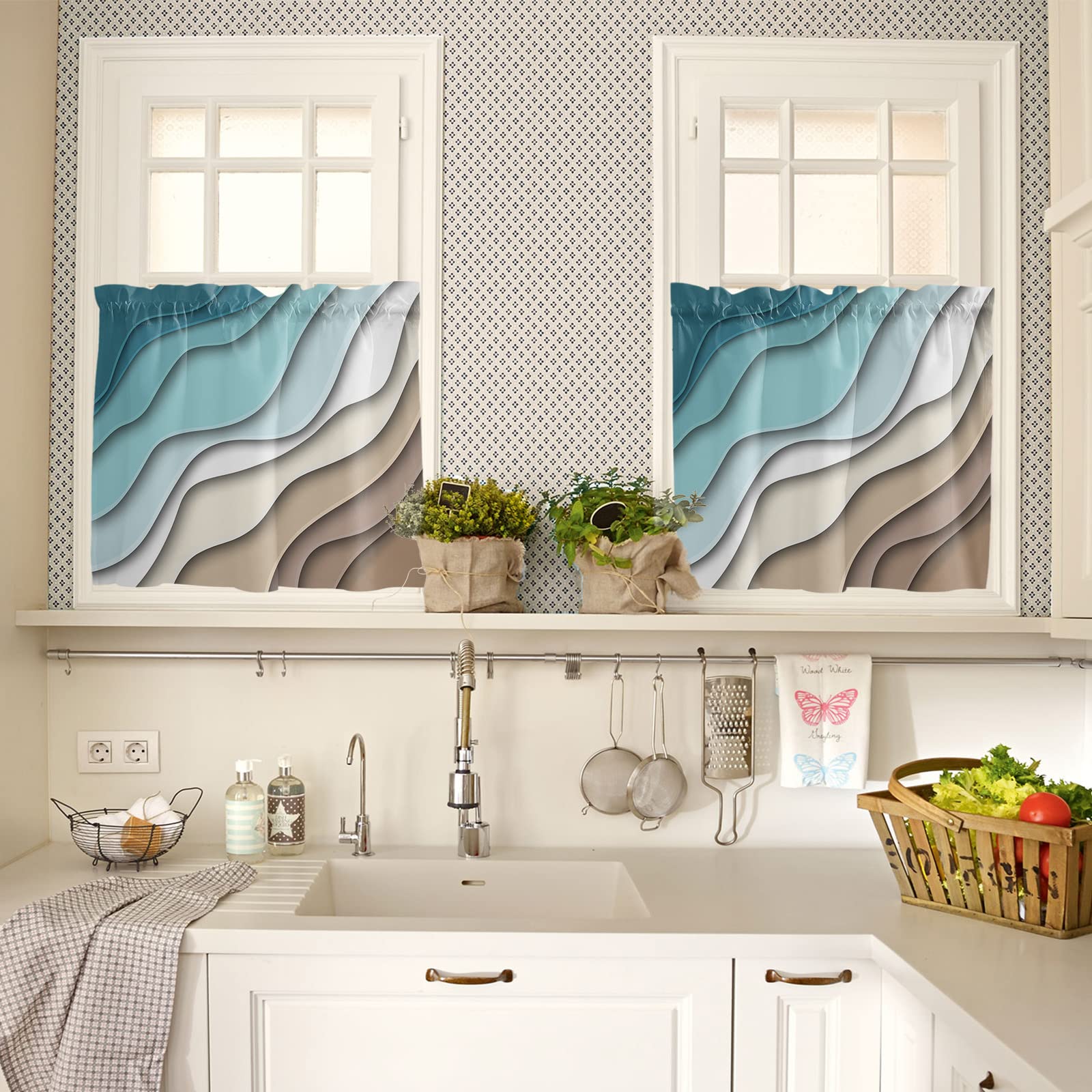 Teal Brown Ombre Kitchen Curtains Set - 24 Inch Small Half Curtains with Turquoise Tier & Valance, Modern Geometric Window Treatments for Cafe, Bathroom, Kitchen - Perfect for Farmhouse, Apartment & Dorm Decor