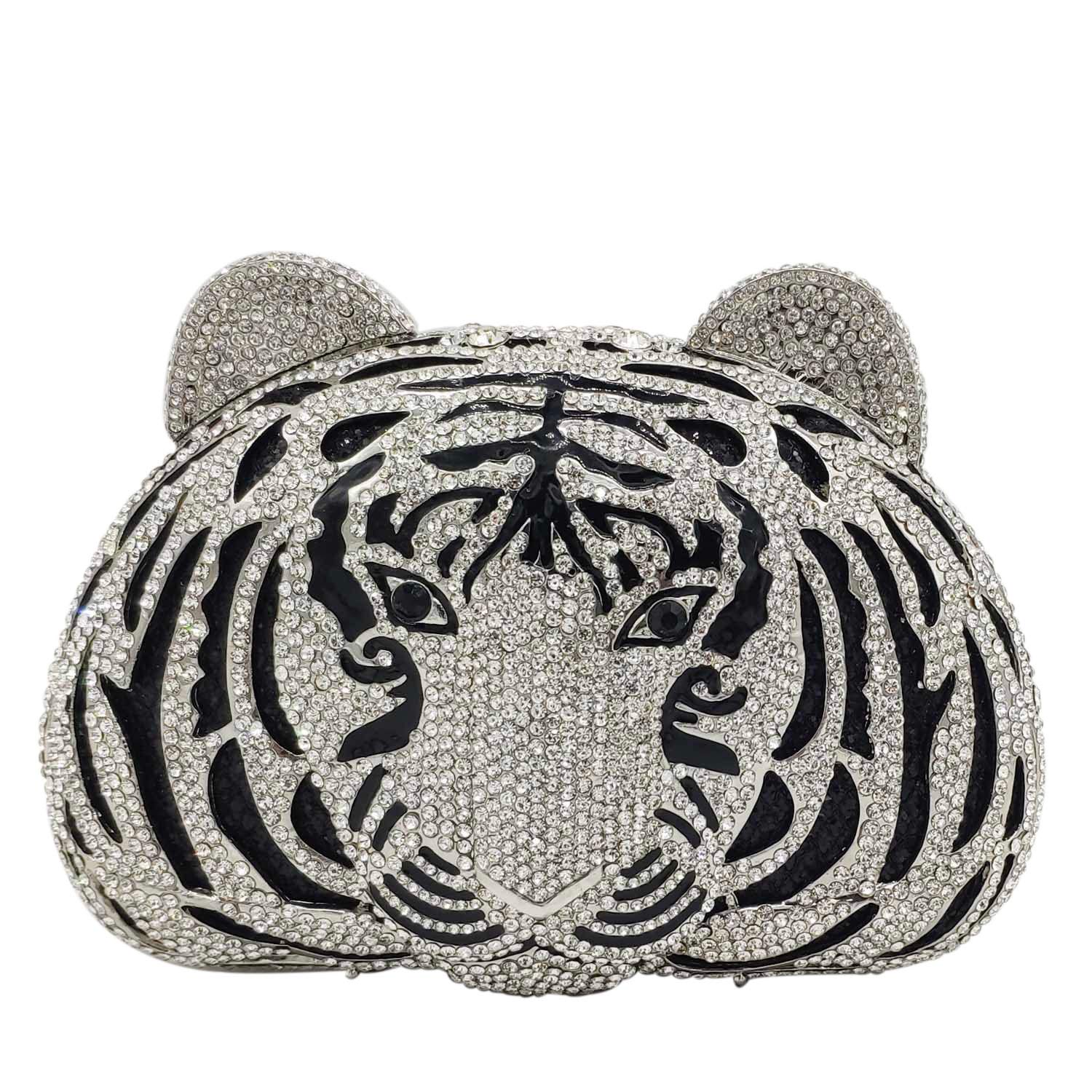 FGG Tiger Clutch Purse for Women - Elegant Rhinestone Animal Print Evening Bag with Crystal Details for Formal Party, Prom, Wedding & Special Occasions - Mini Size Handbag for Night Out & Dinner Date