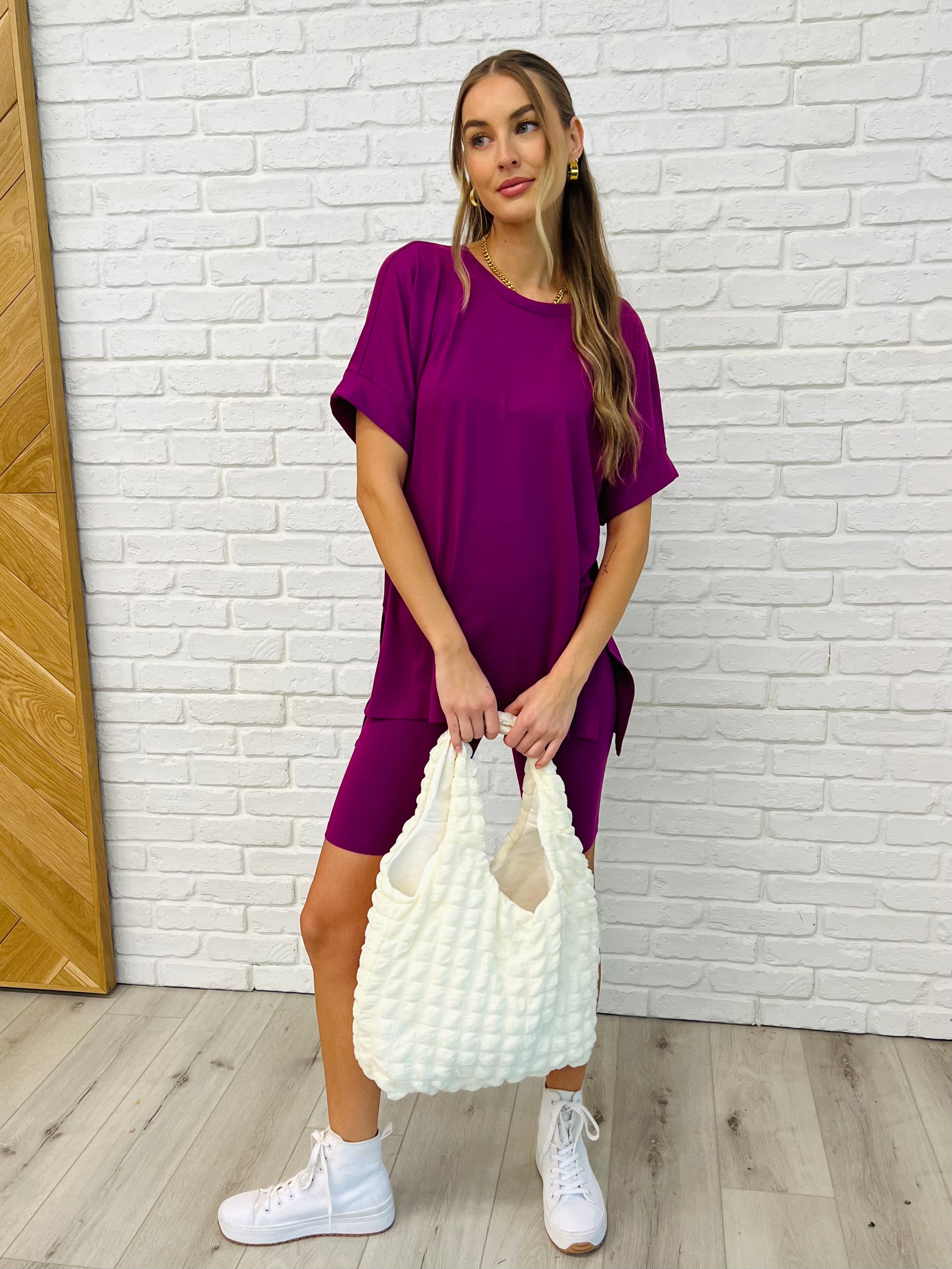 Comfy Cruising Top and Biker Shorts Set in Light Plum - Perfect for Yoga, Gym Workouts & Casual Streetwear