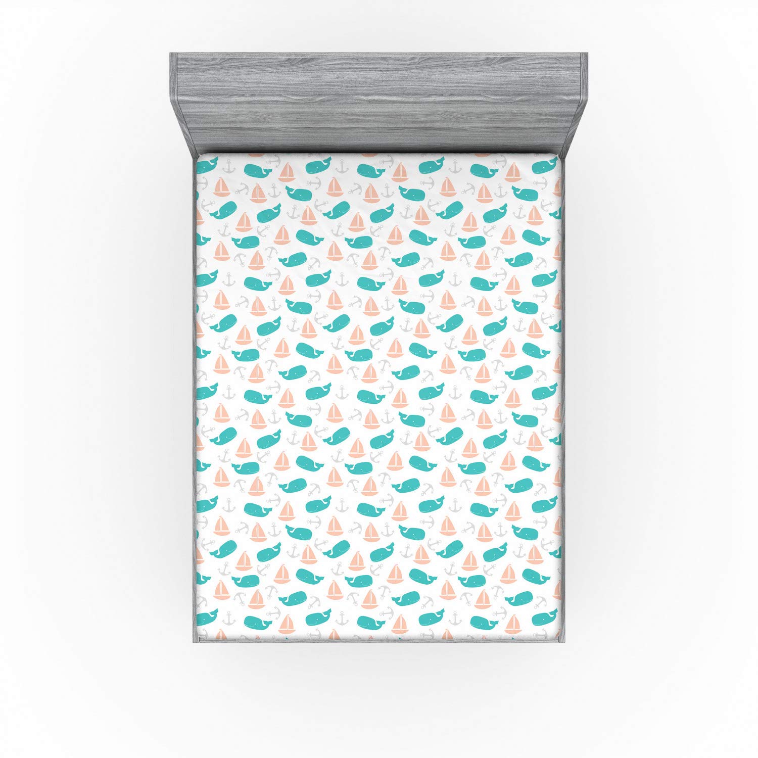 Ambesonne Nautical Fitted Sheet - Marine Themed Sailboat Anchor Whale Print - Deep Pocket Elastic Queen Size Bed Sheet - Turquoise Peach - Perfect for Coastal Bedrooms, Guest Rooms & Beach House Decor