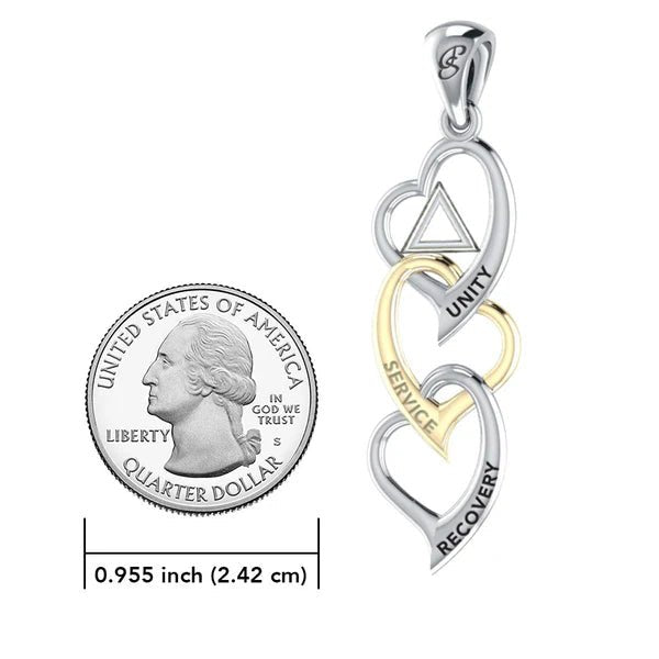 Sterling Silver Triple Heart AA Recovery Pendant with 14K Gold Accents & 18