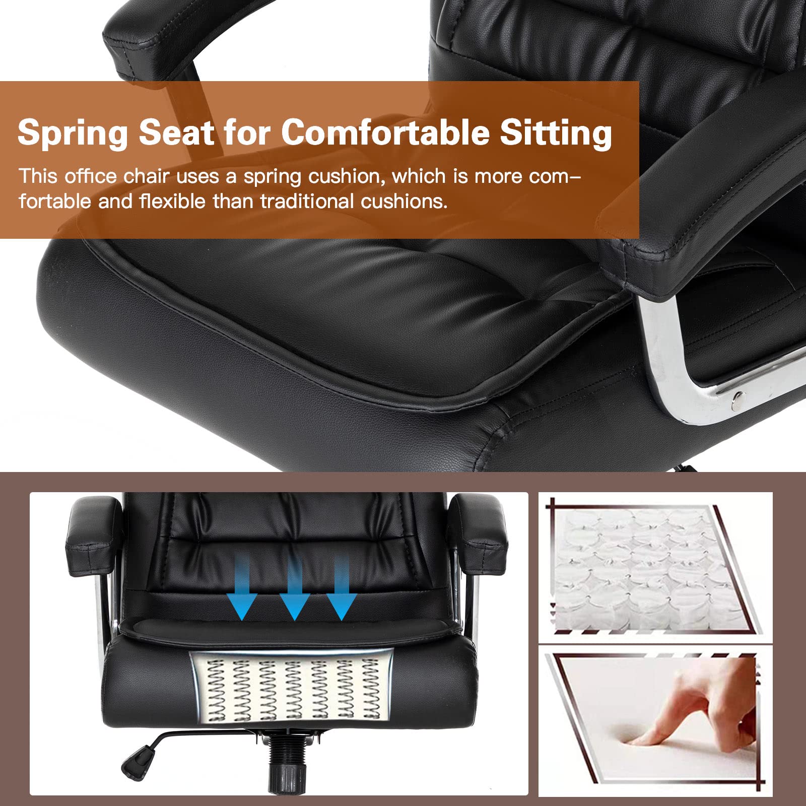 Premium Ergonomic Executive Office Chair - Adjustable High Back Leather Swivel Chair with Padded Seat & Armrests - 350lbs Weight Capacity - Spring Support Computer Desk Chair for Home Office (Black) - Perfect for Long Work Hours & Video Conferencing