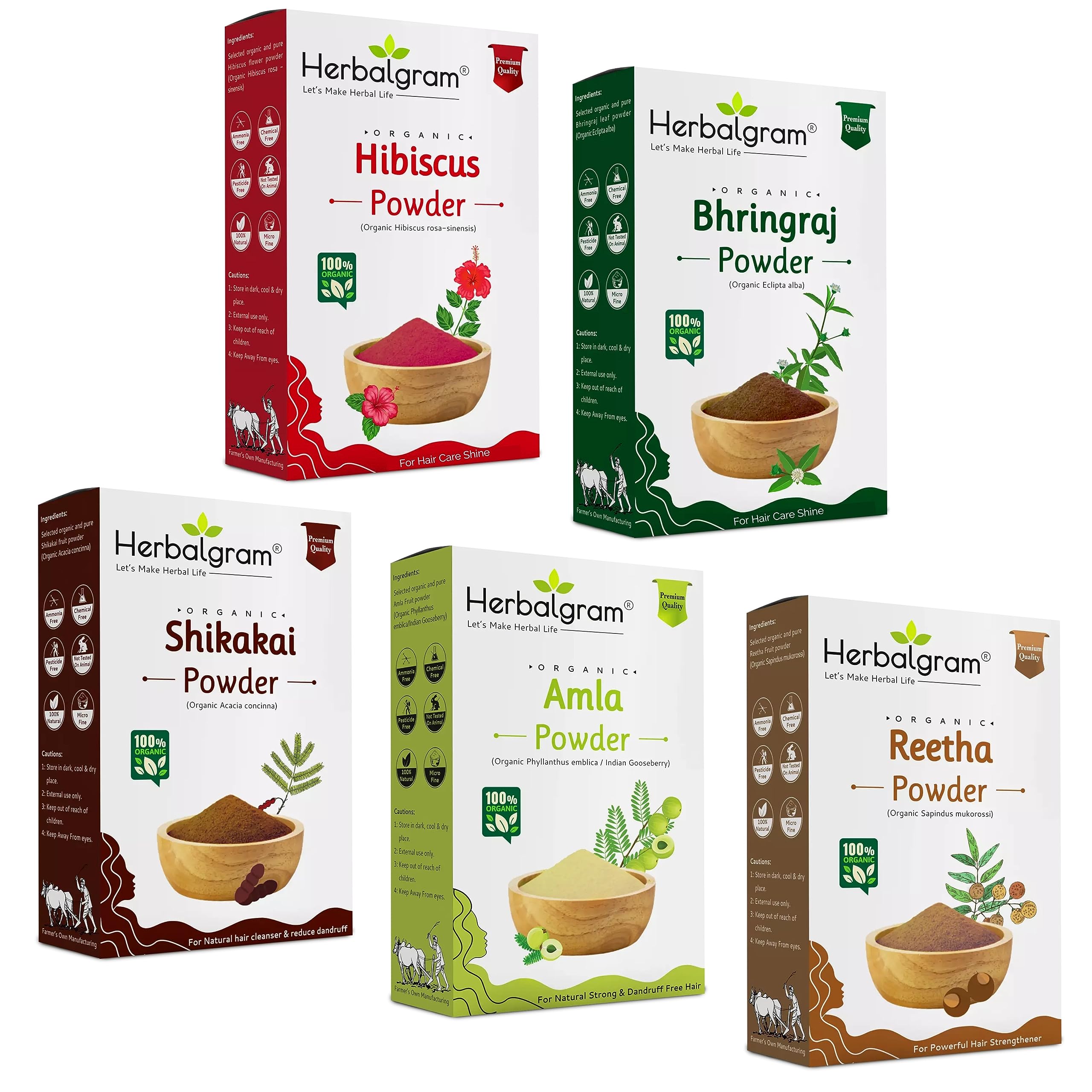 Organic Amla Reetha Shikakai Hibiscus Bhringraj Hair Powder - 100% Natural Herbal Hair Care Treatment for Growth, Shine & Dandruff (Pack of 5, 500g) | DIY Hair Mask for Dry, Damaged & All Hair Types at Home
