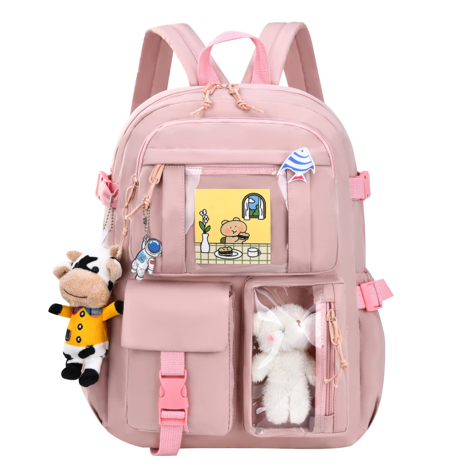Cute Aesthetic Pink Kawaii School Backpack with Pendant - Fashion Student Bookbag for Girls, Casual Daypack for Middle & High School, College, Travel & Daily Use