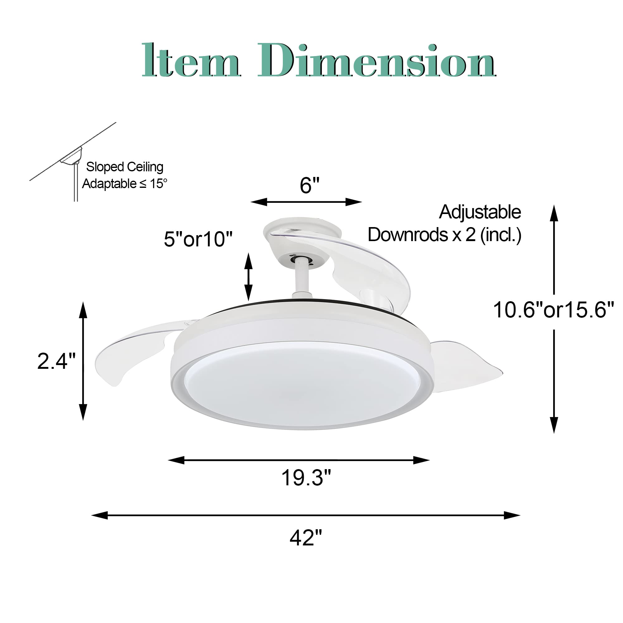 42 Inch Retractable Ceiling Fan with LED Lights & Remote Control - Modern Smart Fan with Adjustable Blades, 6 Speed DC Motor, 3 Color Temperatures & Timer - Perfect for Bedroom, Living Room & Office