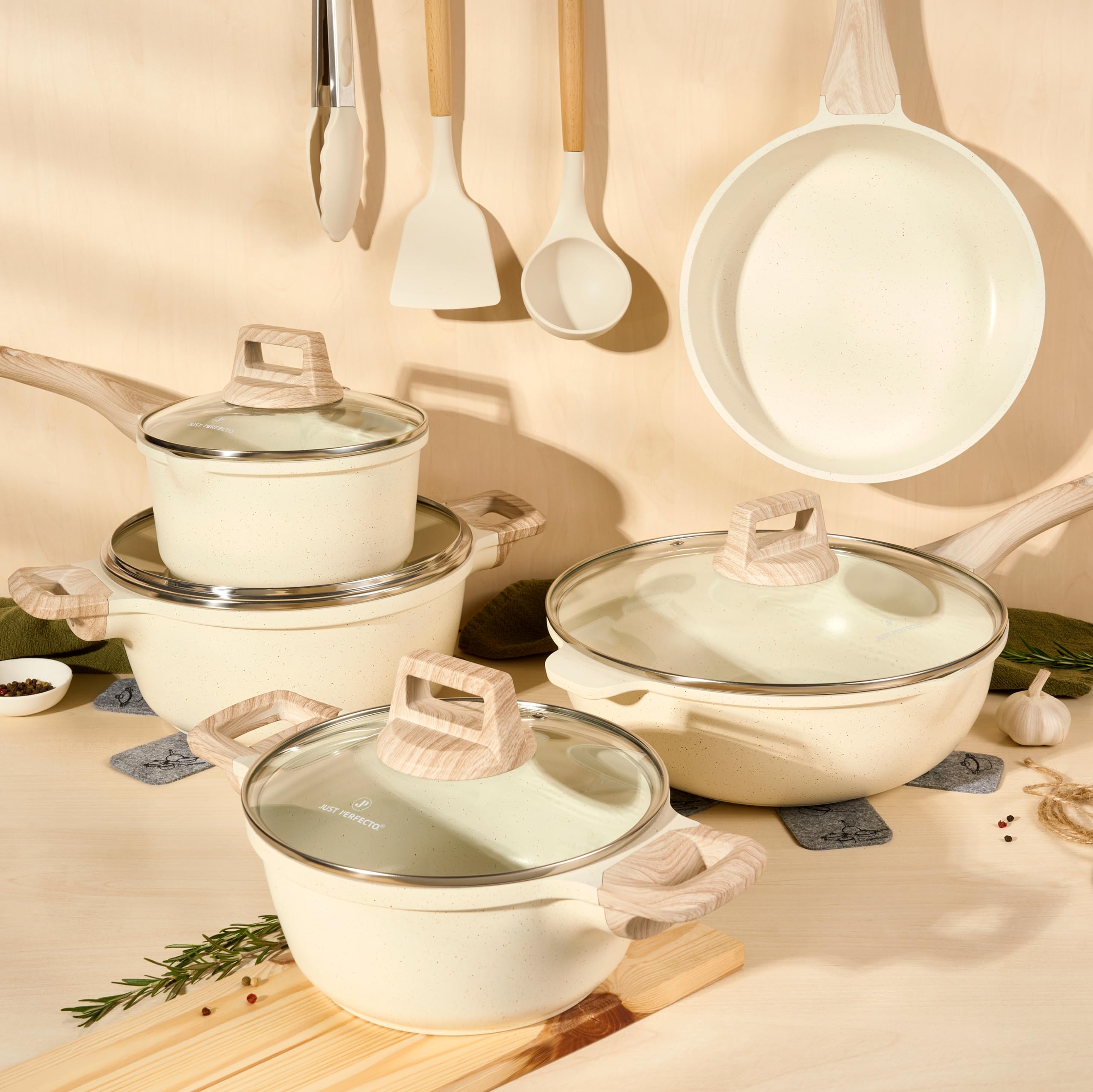 Just Perfecto 11-Piece Nonstick Cookware Set - Induction Compatible Pots and Pans with Removable Handles, Includes Saucepan, Skillet, Wok & Lids, Dishwasher Safe (Beige) - Perfect for Home Cooking, Meal Prep & Professional Chefs