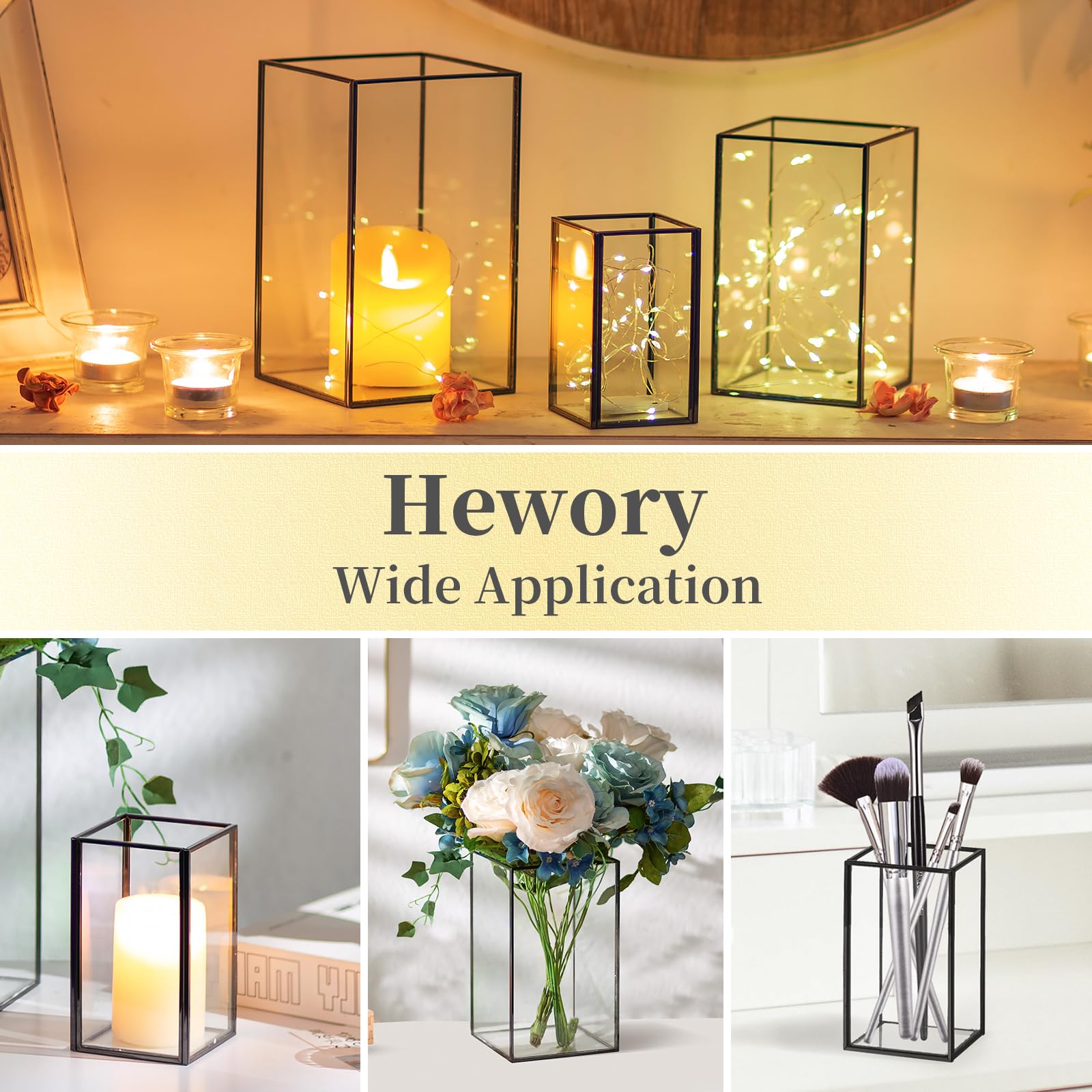 Hewory 18-Piece Black Rectangle Glass Hurricane Candle Holders - Large Square Pillar Candle Lantern for Wedding, Anniversary, Party, Fireplace & Dining Room Decor - Elegant Table Centerpiece & Floor Decor for Home & Events
