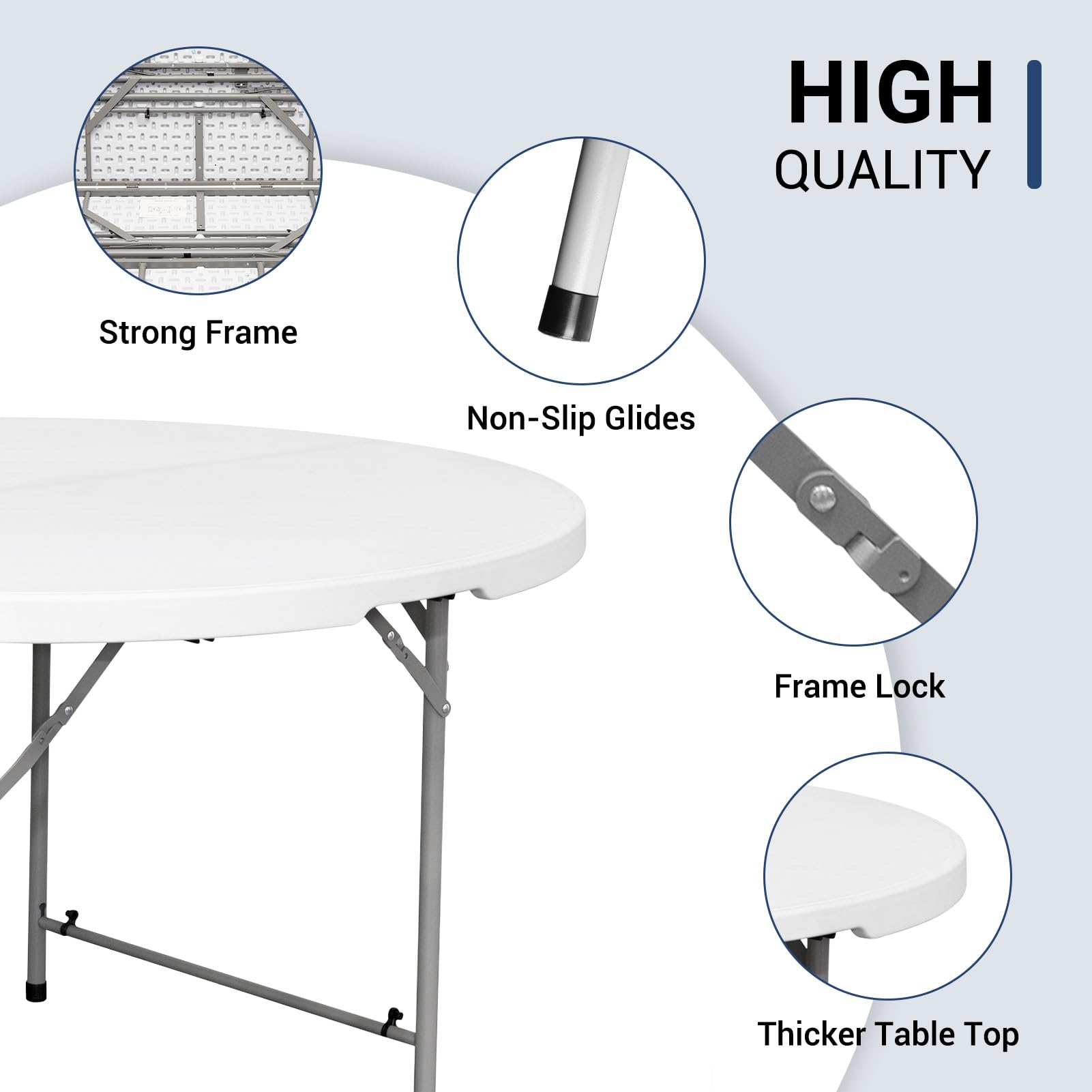48in Round Folding Table with Carrying Handle - White 4ft Portable Plastic Dining Table for Kitchen, Outdoor, Party, Wedding & Events | Perfect for Picnics, BBQs, Banquets and Home Use