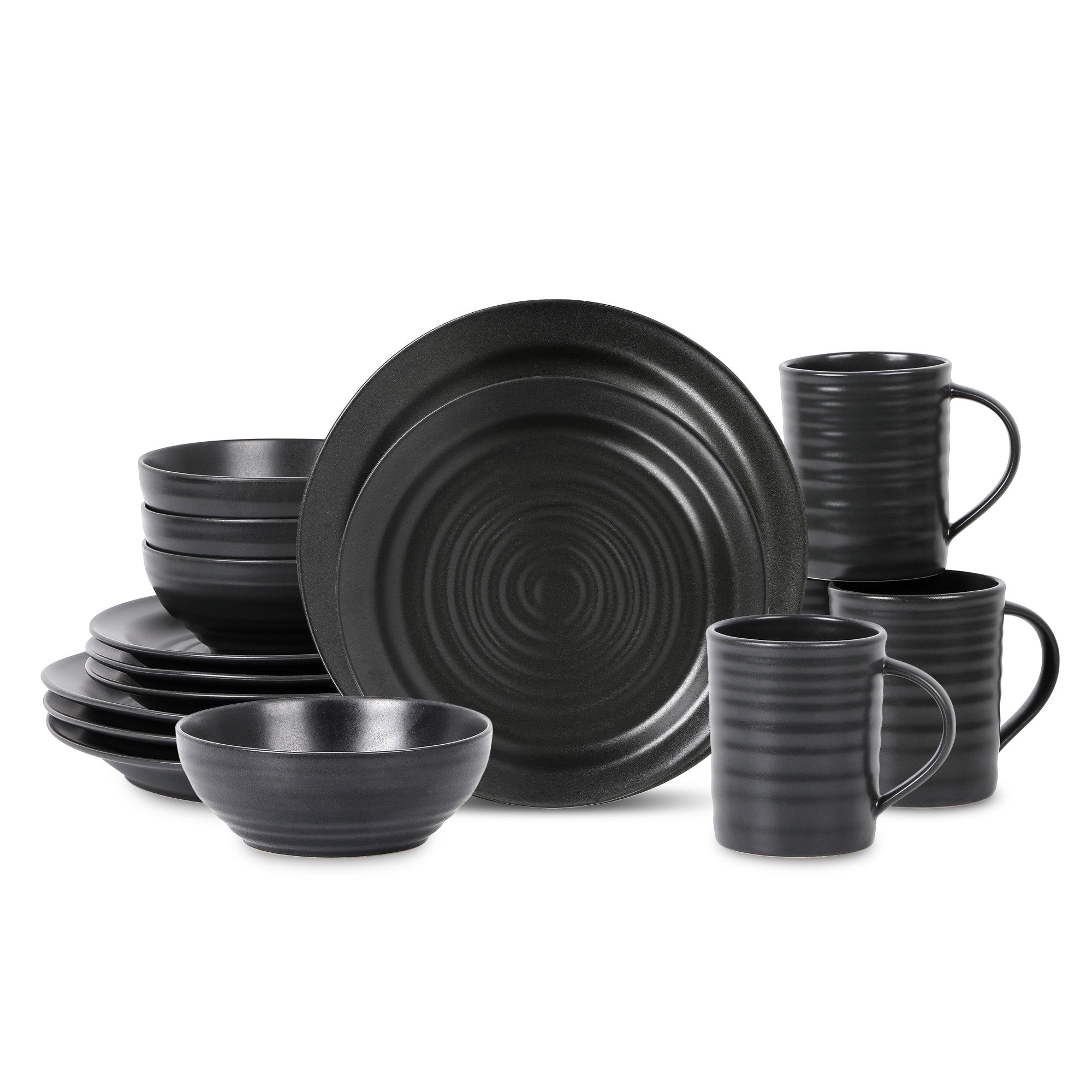 Premium Orbit Stoneware Dinnerware Set - 16-Piece Dinner Plates, Cereal Bowls & Coffee Mugs in Charcoal Gray - Elegant Everyday Dining & Entertaining Tableware