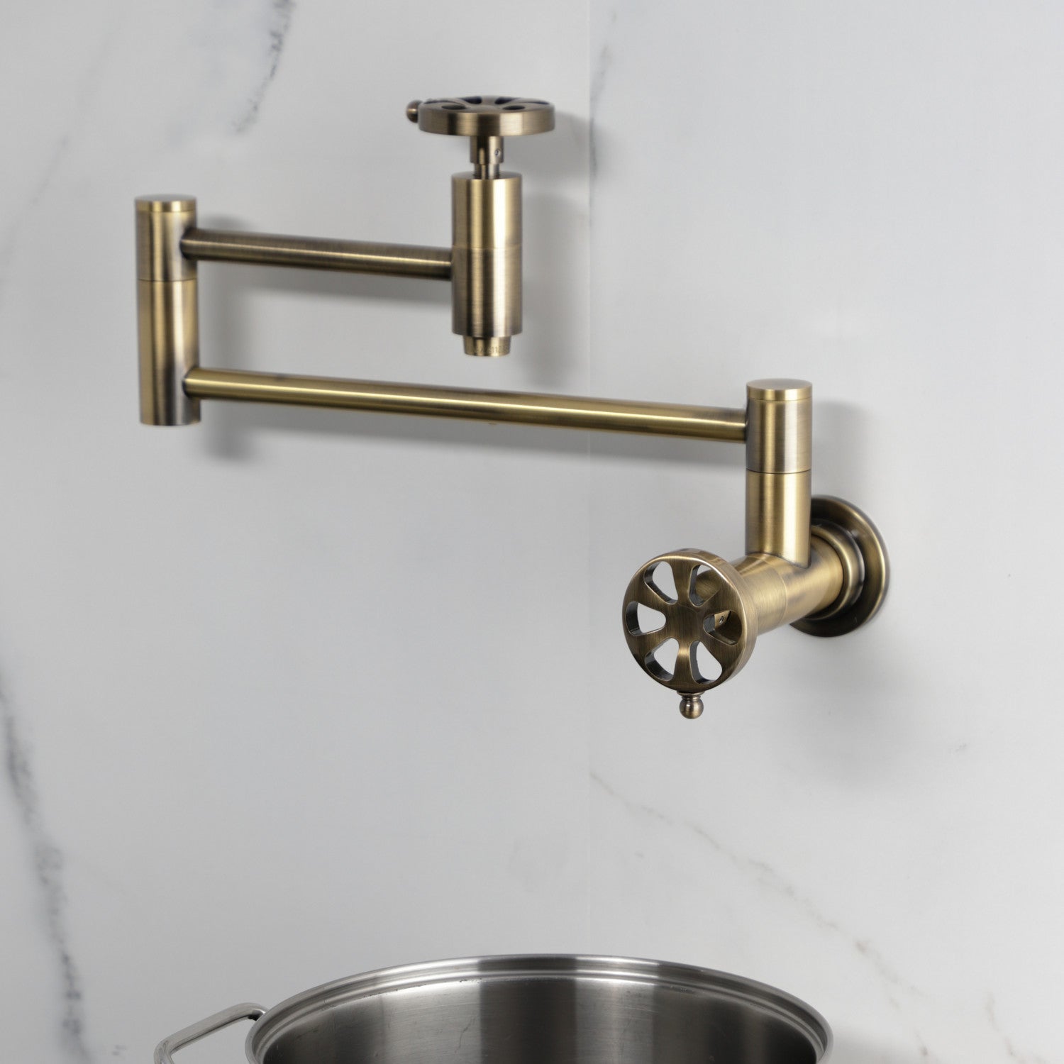 Belknap KS8103RX Two Handle Wall Mount Pot Filler Faucet in Antique Brass - Perfect for Kitchen Sink, Stove, and Cooking Area Installation