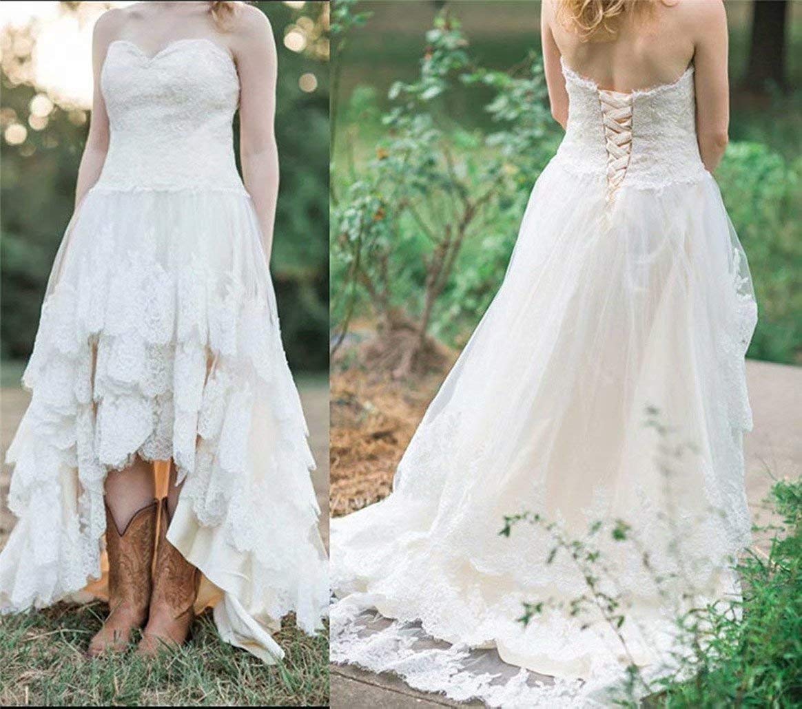 Elegant Plus Size Women's High Low Sweetheart Lace Wedding Dress - A-Line Tulle Bridal Gown for Country, Beach & Outdoor Ceremonies