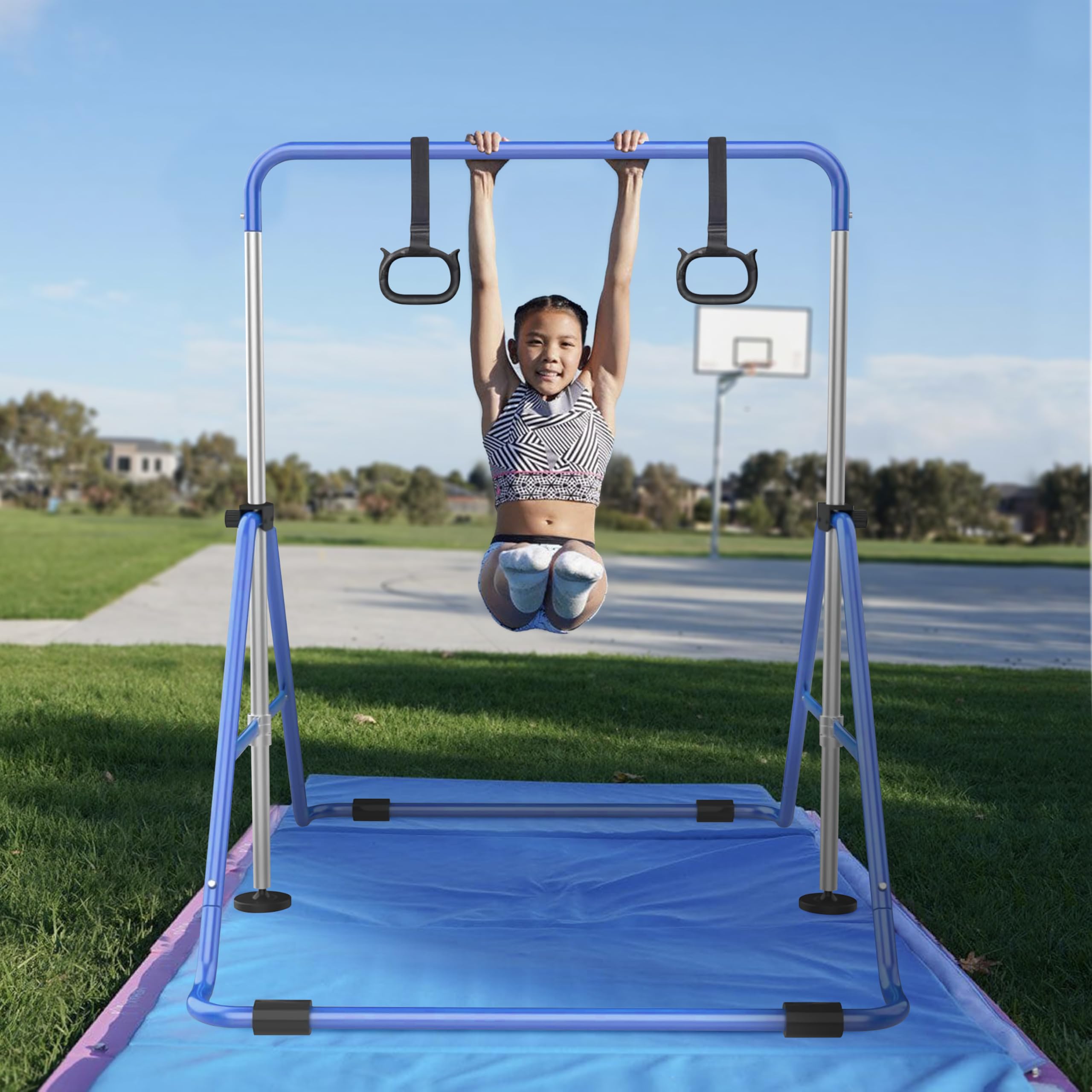 Premium Adjustable Gymnastics Bar for Kids Ages 6-14 | Heavy-Duty Steel Construction with Crystal Stone Finish | Foldable Home & Outdoor Horizontal Bar with Rings | Perfect for Backyard Training, Playground & Indoor Exercise