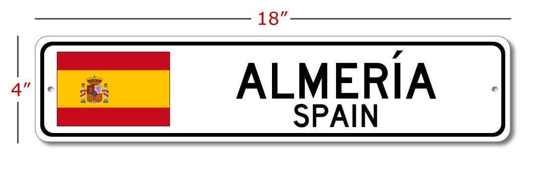 Spanish Flag Street Sign - Almería, Spain Metal Novelty Wall Decor for Man Cave, Bar & Pub - 4x18 Inches - Perfect for Home, Office & Spanish-Themed Parties