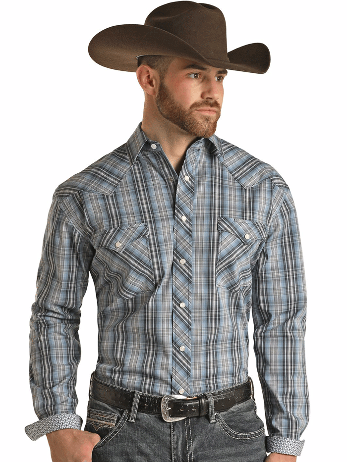 Men's Long Sleeve Snap Plaid Western Shirt Navy - Casual Cowboy Style Shirt for Rodeo, Country Music Festivals & Outdoor Adventures
