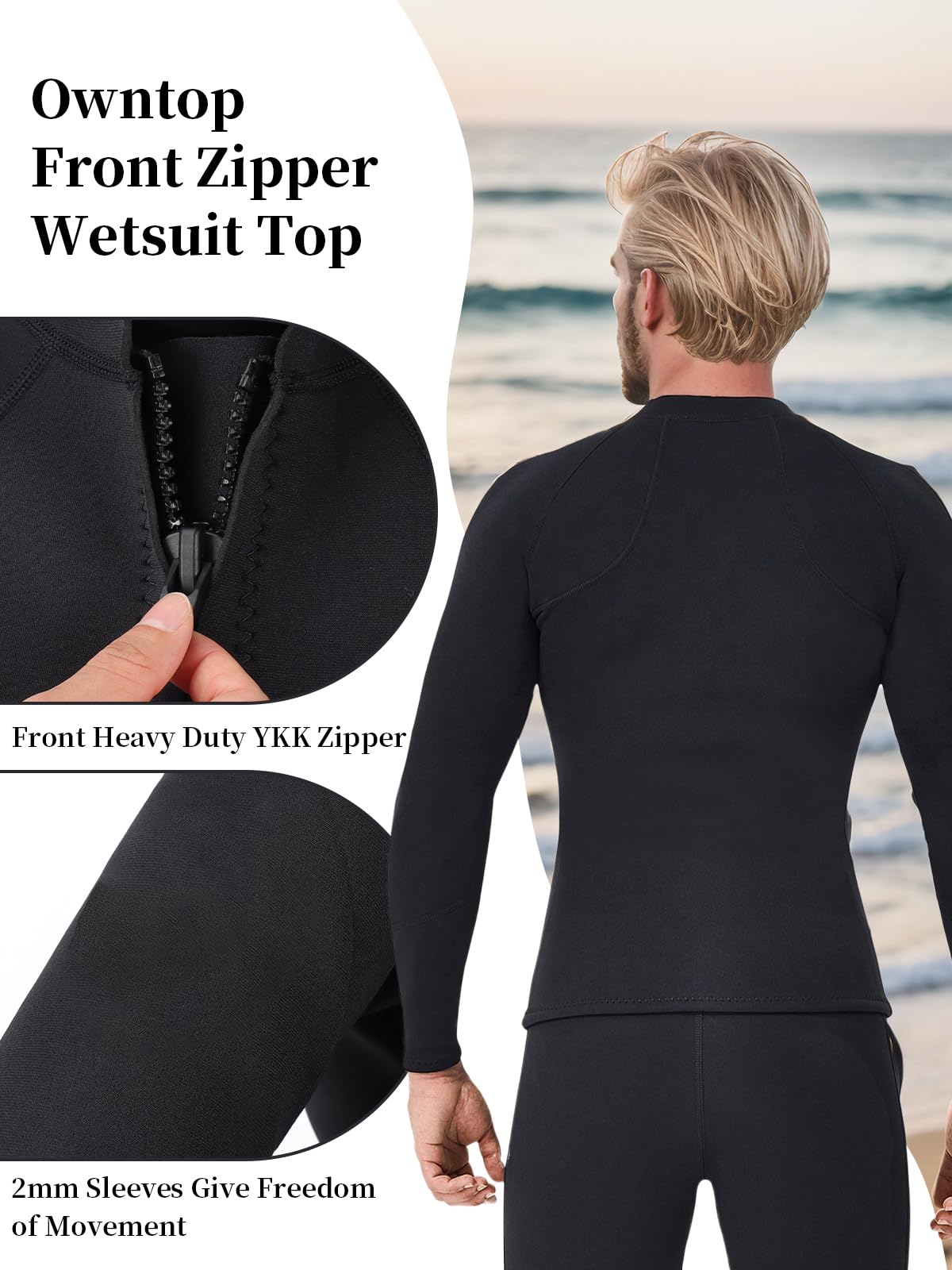 Owntop 2MM Neoprene Wetsuit Tops for Women & Men - Long Sleeve Front Zipper Swimwear for Swimming, Diving, Surfing & Water Sports | Flexible Comfortable Thermal Protection for Cold Water Activities