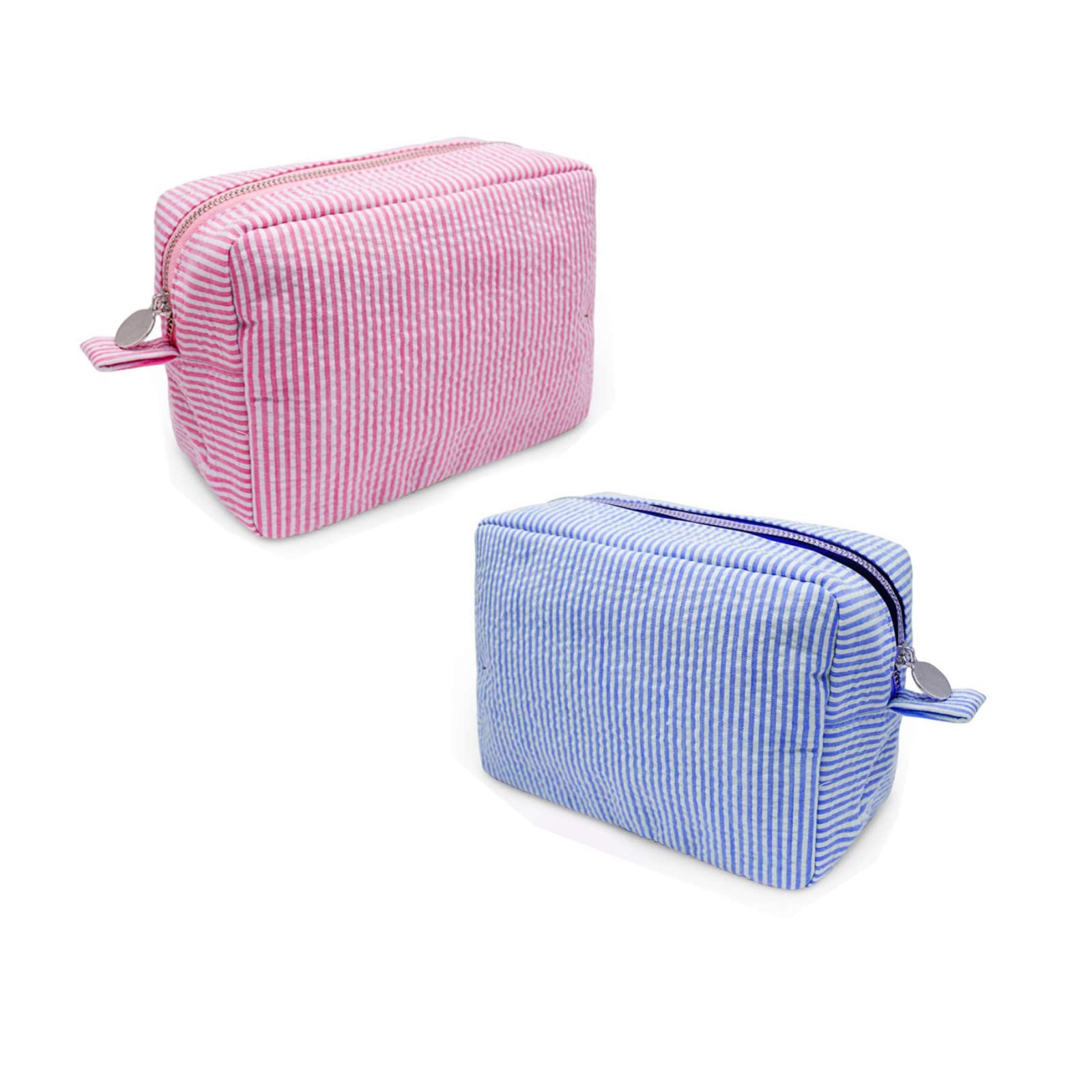 Seersucker Cosmetic Bag for Women - Large Makeup Pouch with Zipper Closure, Travel Toiletry Organizer Case for Girls | Perfect for Travel, Gym, and Daily Essentials Storage