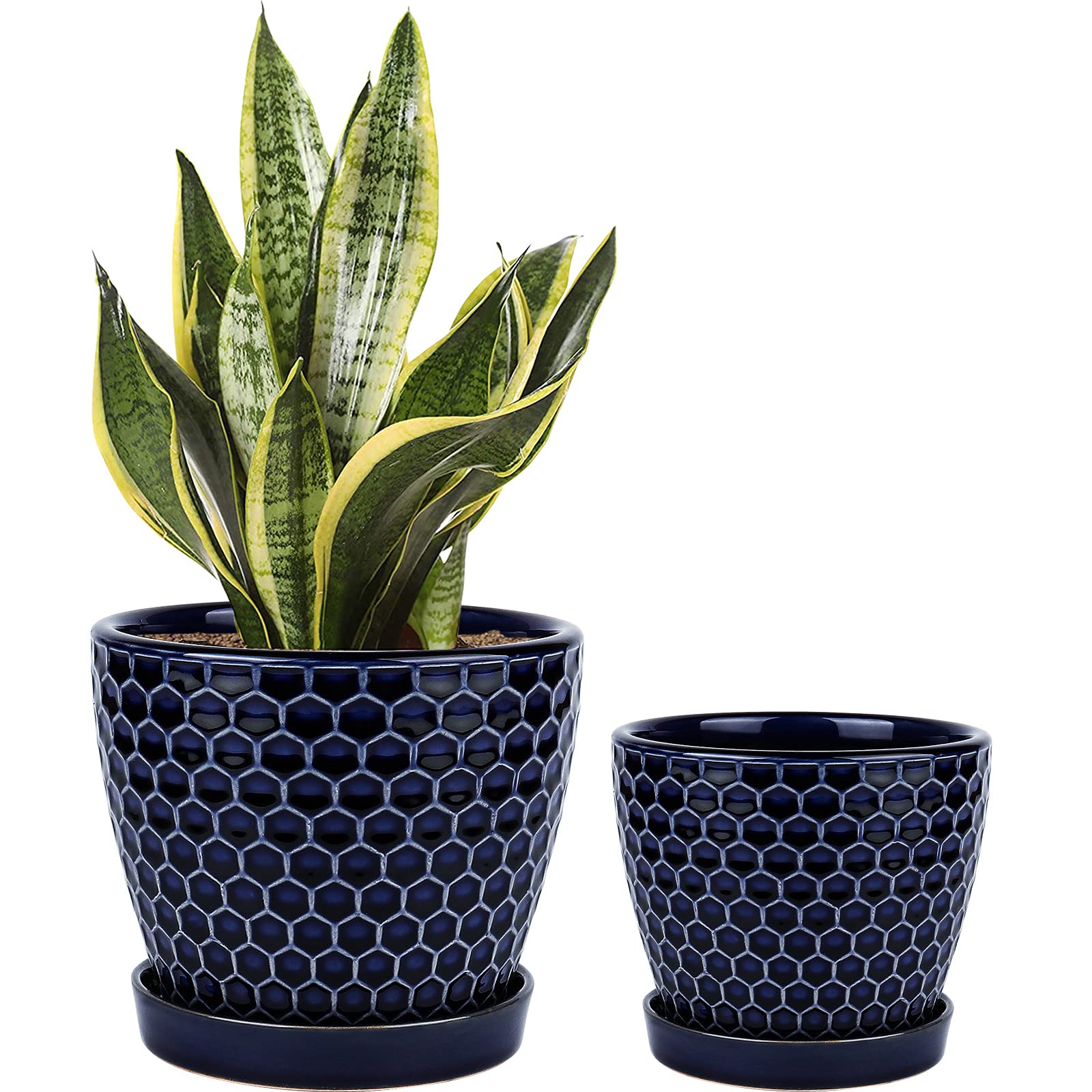 Docrin 6.6 & 5.5 Inch Ceramic Plant Pots with Drainage Holes & Saucers - Indoor/Outdoor Flower Pots for Succulents, Herbs, Houseplants - Gardening Decor Gift Set of 2 (Blue) - Perfect for Windowsills, Balconies, Office Desks & Home Decor