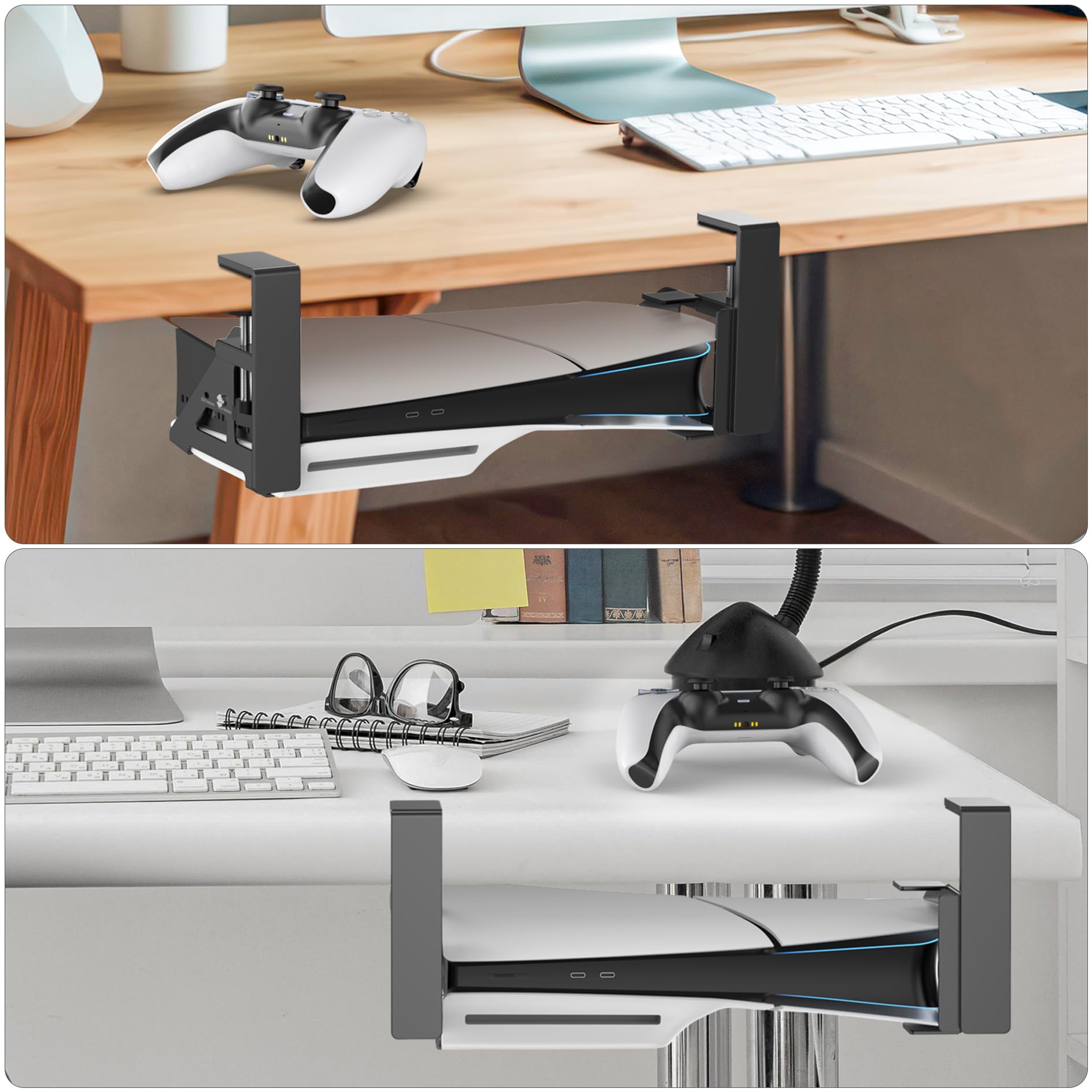 No-Drill Under Desk PS5 Mount for PS5 Slim & Digital Edition - Heavy Duty Metal Bracket with Clamp, Screws & EVA Foam - Perfect for Gaming Setups, Home Theaters & Office Spaces
