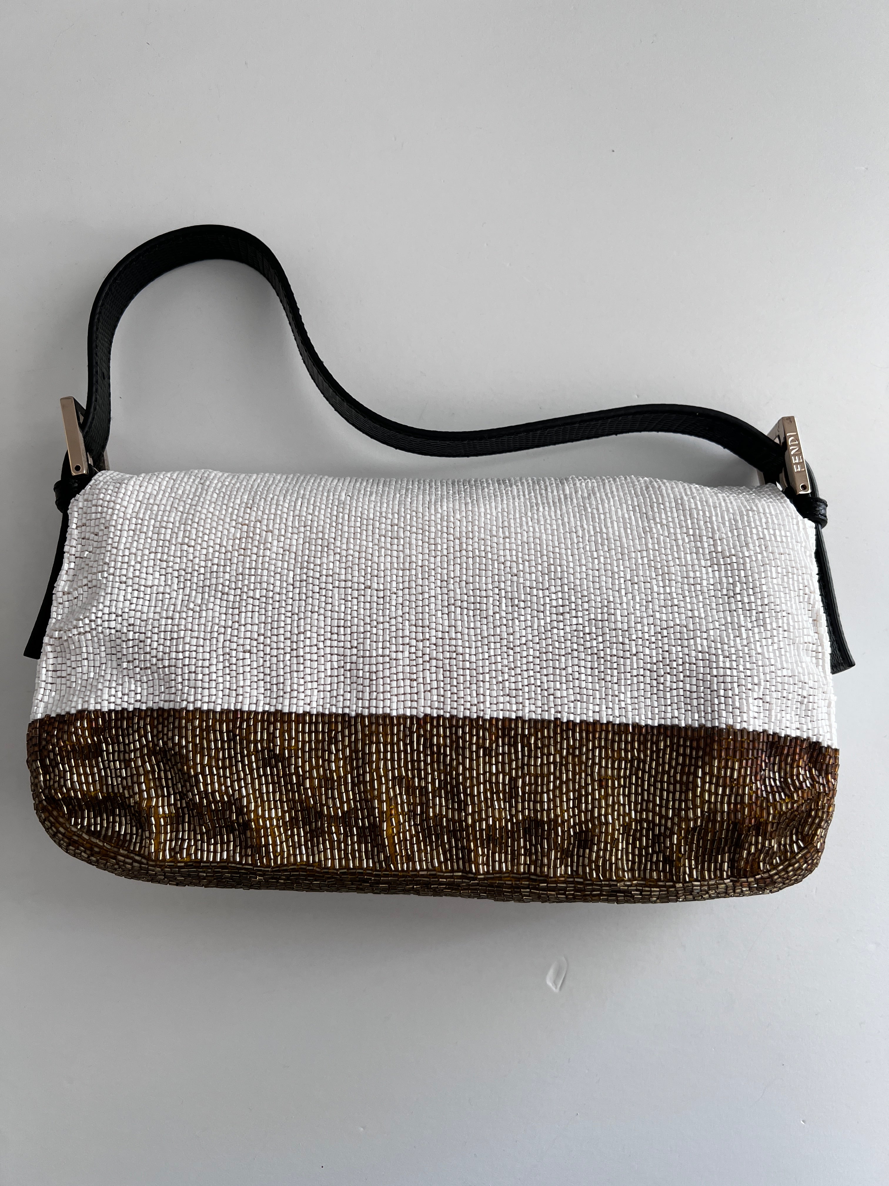 Fendi White & Gold Beaded Lizard Baguette Bag - Luxury Designer Crossbody Purse for Women, Perfect for Evening Parties & Special Occasions
