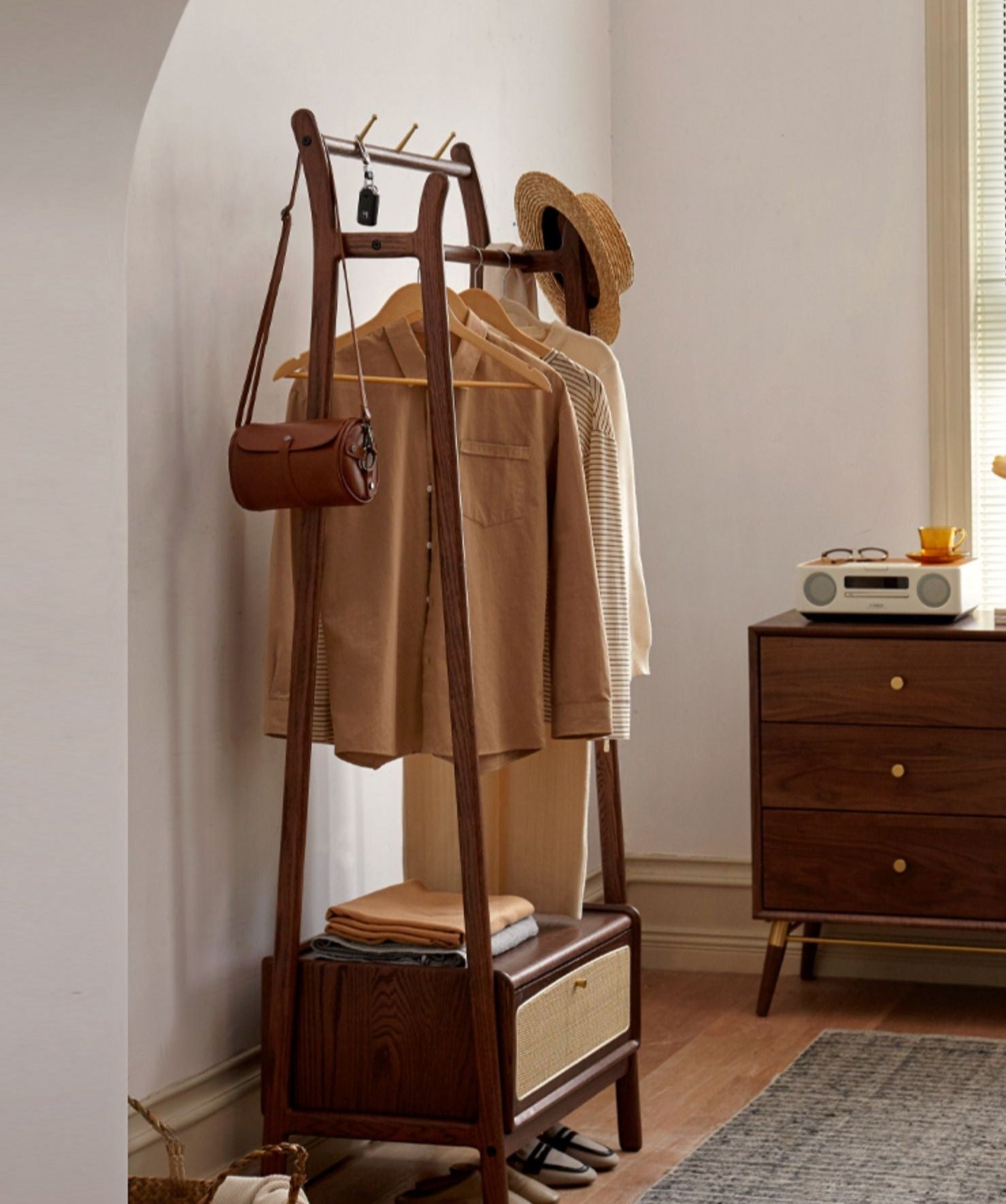 Oak Walnut Rattan Coat Hanger - Multi-Functional Wall Mounted Coat Rack for Jackets, Hats & Bags | Perfect for Entryway, Bedroom & Closet Organization