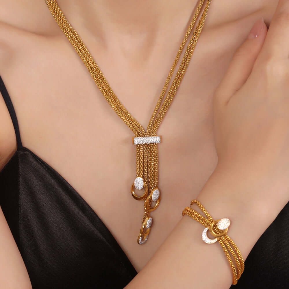 18K Gold & Silver Mesh Waterfall Tassel Necklace Bracelet Set for Women - Elegant Layered Jewelry for Party, Wedding & Evening Wear | MAT002
