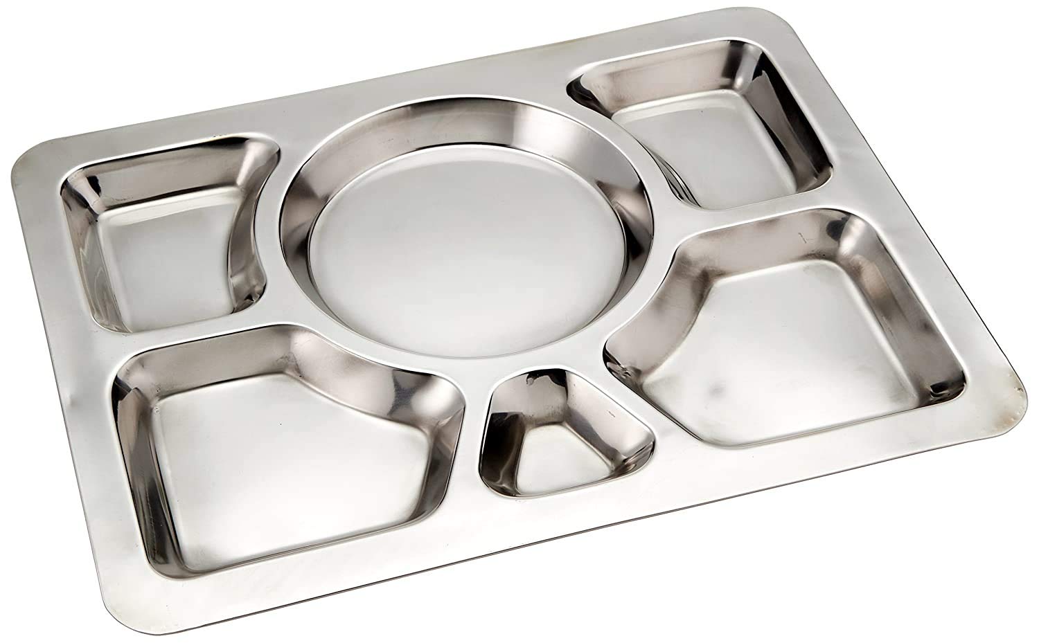 Premium Stainless Steel 6-Compartment Dinner Plate Set - 39.5cm Gurudwara Plate for Parties, Snacks & Mess Halls (Set of 4) - Durable & Elegant Serving Plates for Religious Events, Catering & Home Use
