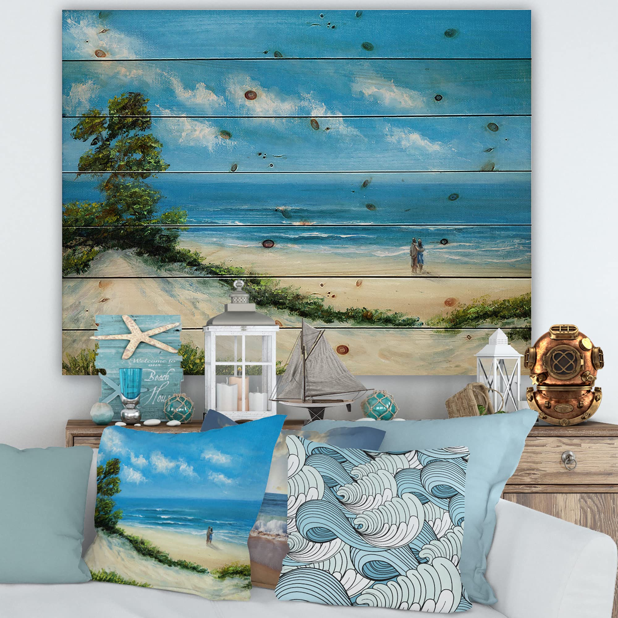 DesignQ Coastal Wood Wall Art - Nautical Beach Couple Decor, Blue Wooden Wall Panels, Large Pine Wood Wall Hangings for Living Room, Bedroom & Beach House Decor
