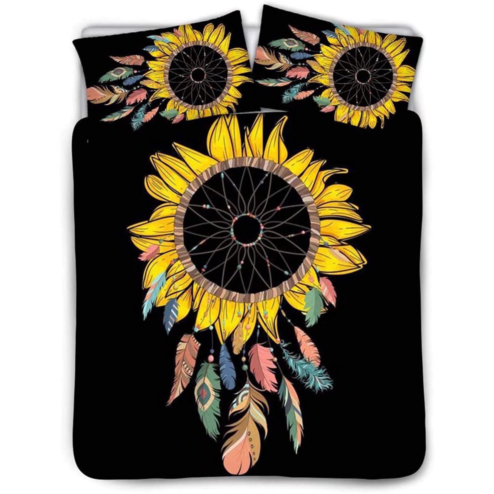 SEANATIVE Bohemian Duvet Cover Set with Sunflower Dreamcatcher Design - Twin Size, Black Lining, Includes Pillowcases for Bedroom Decor | Perfect for Boho Chic, Farmhouse & Guest Room Styling