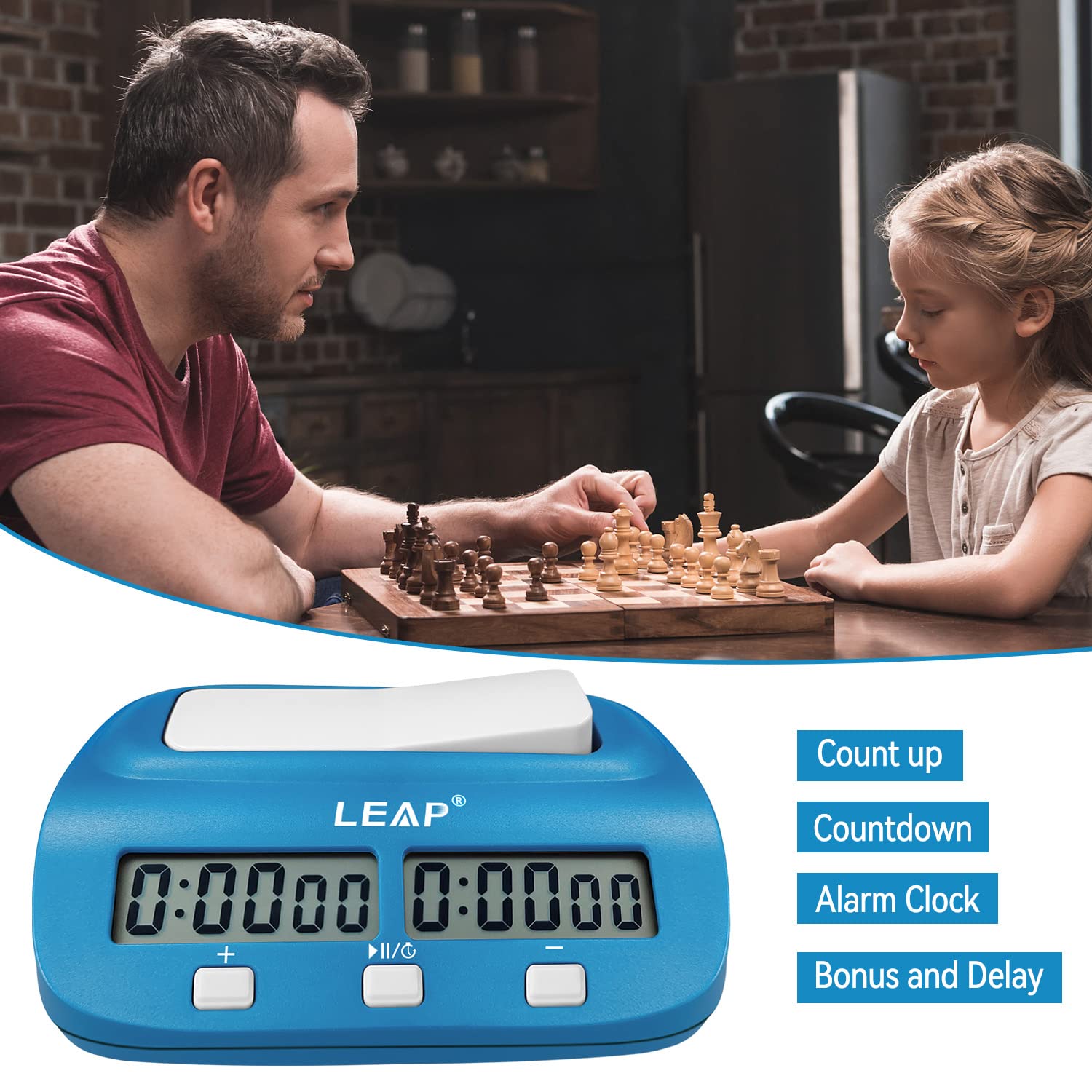 LEAP Digital Chess Clock Timer with Bonus & Delay Time Features - Professional Chess Timer for Chess, Go, Chinese Chess (Blue) - Perfect for Tournaments, Clubs & Home Games