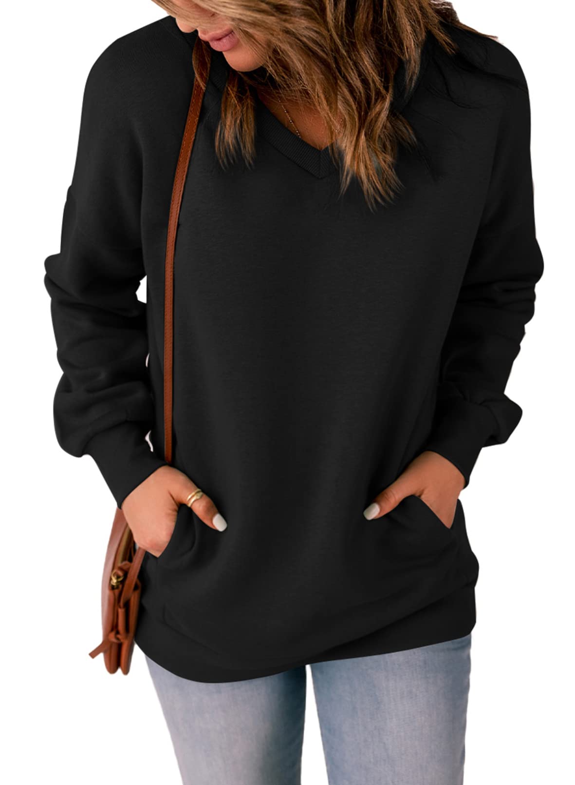 Actloe Women's Casual V-Neck Long Sleeve Sweatshirt with Front Pockets - Soft Solid Color Pullover for Everyday Wear, Lounge & Outfits