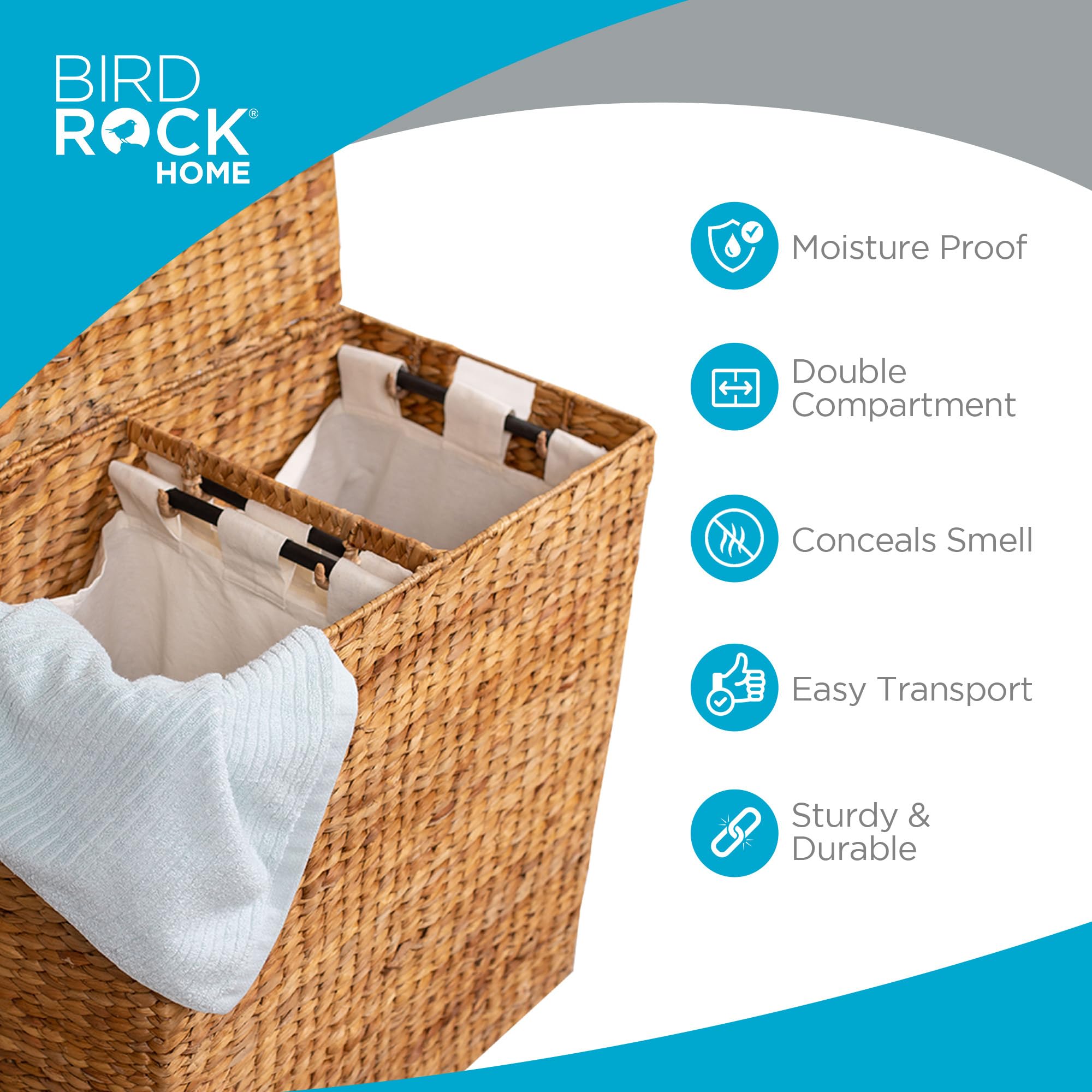 BIRDROCK HOME Handwoven Double Laundry Hamper with Removable Liner Bags & Lid - Natural Woven Laundry Basket for College Dorm, Bathroom, Bedroom | Clothes Storage & Organization Solution for Home, Apartment, or Shared Spaces