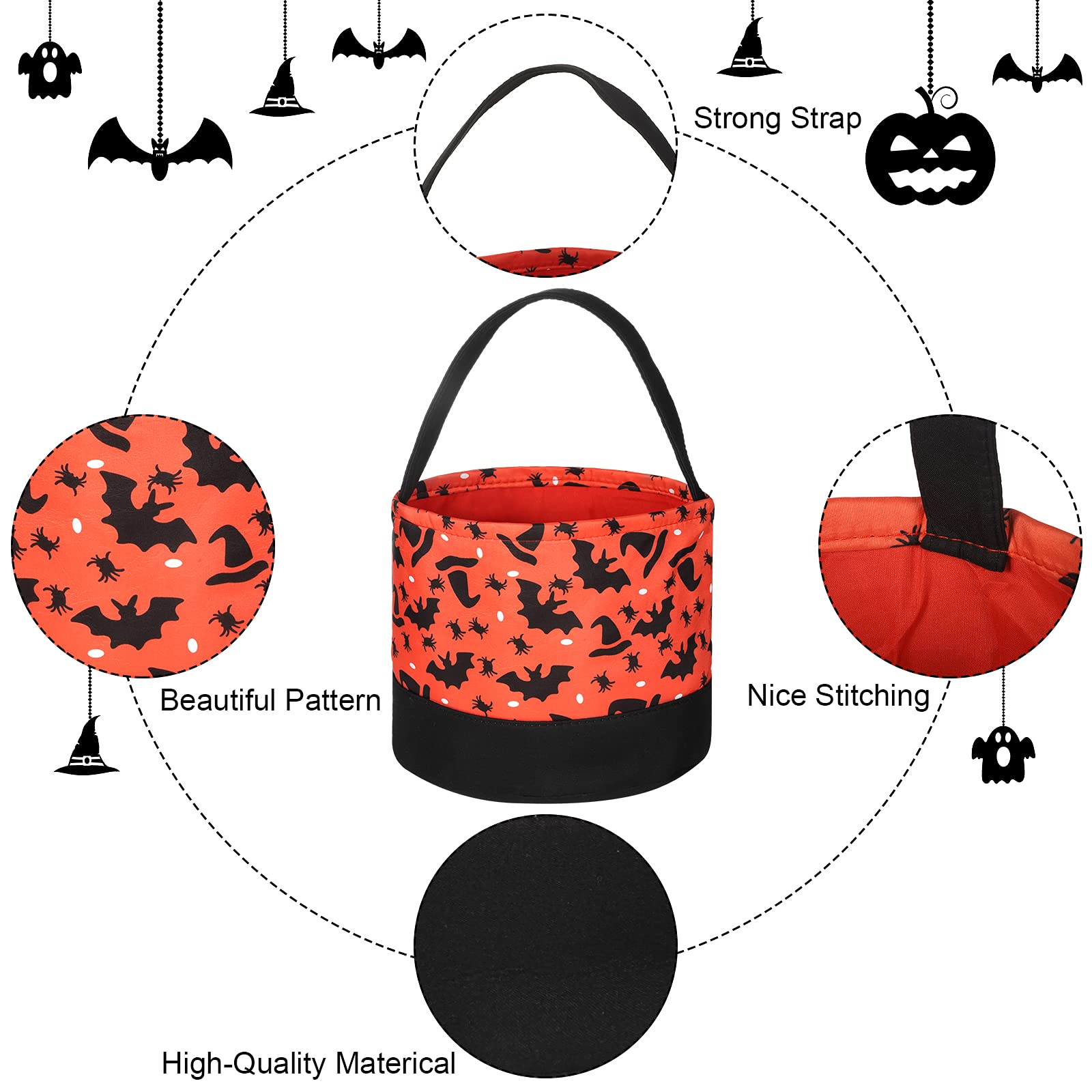 Halloween Party Favor Bags - Orange Trick or Treat Tote with Black Bat & Wizard Hat Design - Halloween Candy Buckets for Kids & Adults - Perfect for Trick-or-Treating, Halloween Parties & School Events
