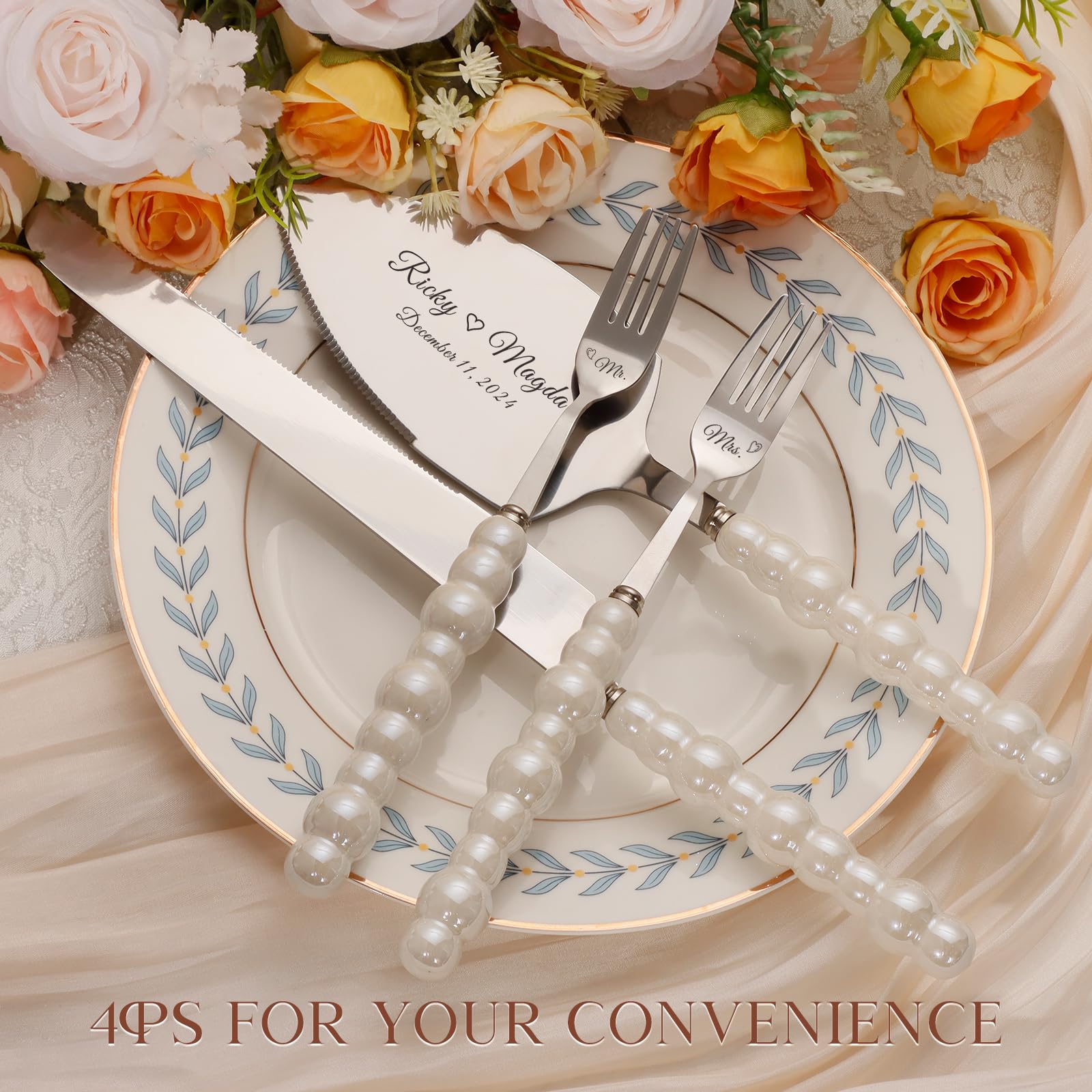 Personalized Cake Cutting Set with Forks - Stainless Steel Pearl Cake Knife & Server with Serrated Edges - Silver Pie Cutter & Pizza Spatula - Perfect for Weddings, Engagements, Birthdays & Special Occasions
