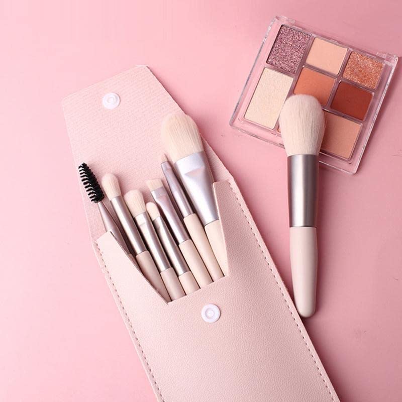 Sunaina Mini Peach Makeup Brush Set with Case - 8-Piece Foundation, Powder, Blush, Eyeshadow & Lip Brush Kit for Travel & Everyday Makeup Application