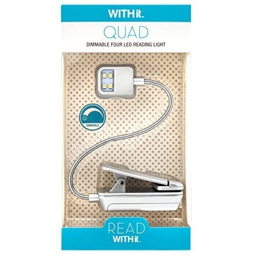 WITHit Quad Clip On Book Light - Silver - Adjustable LED Reading Light for Books & eBooks, Dimmable Brightness, Portable Bookmark Light for Adults (Batteries Included) - Perfect for Night Reading, Studying, Travel & Bedtime Use